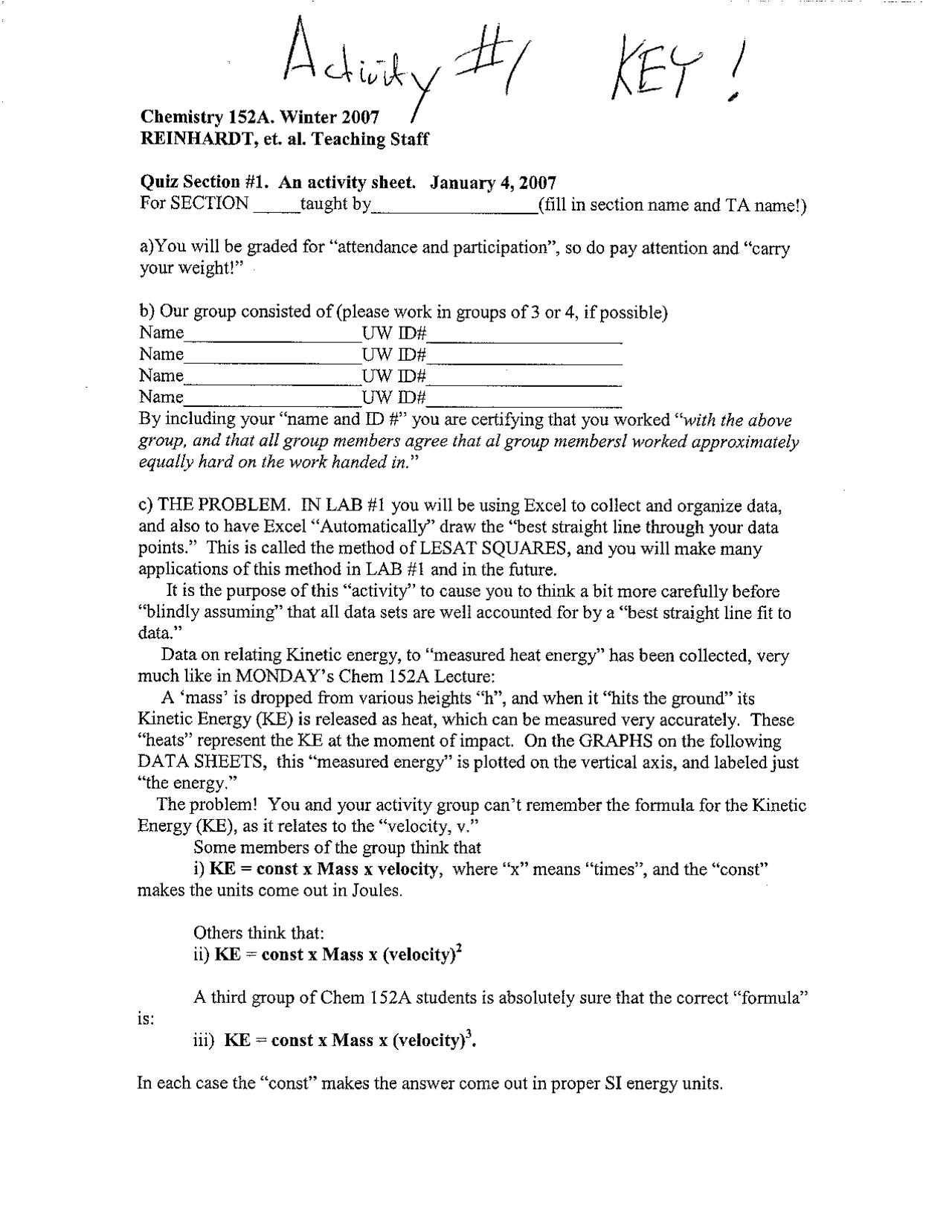 Quiz 1 Questions with Solutions - General Chemistry | CHEM 152 - Docsity