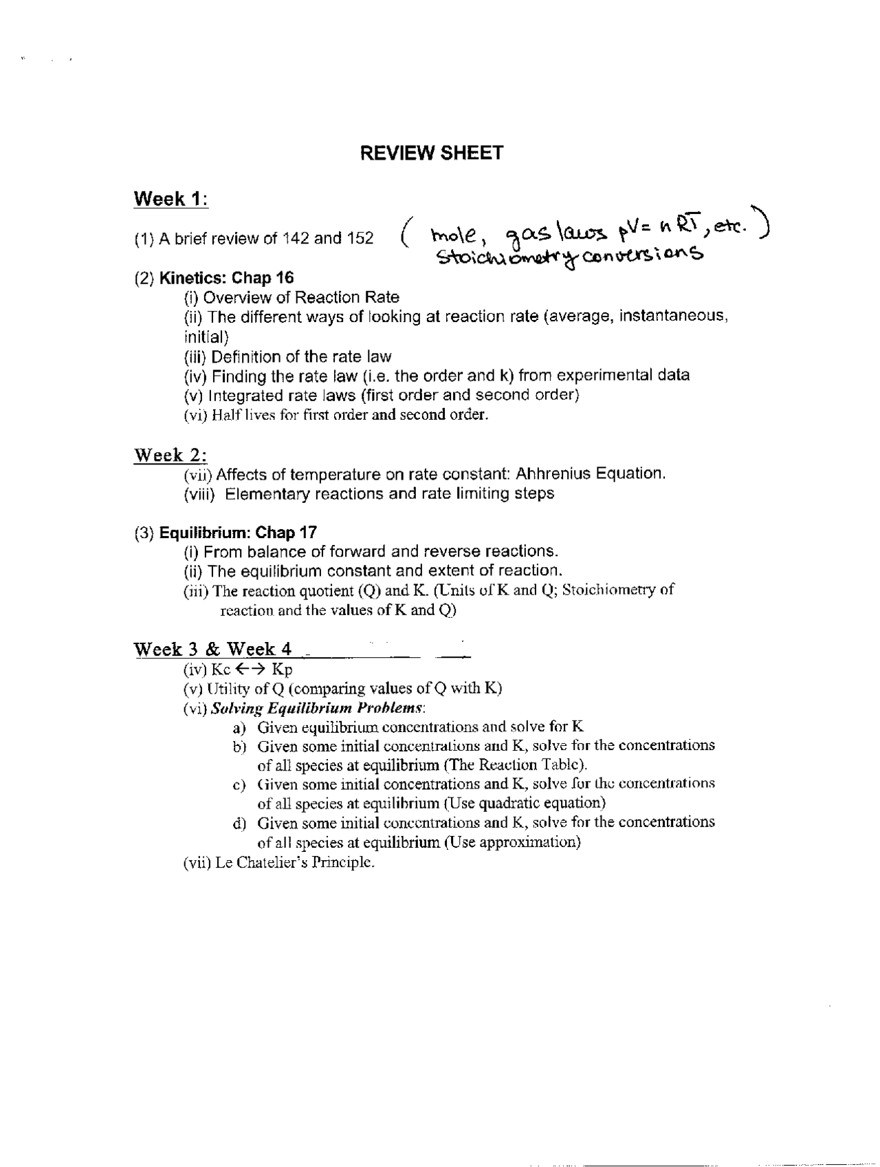 Review Sheet for Exam - General Chemistry | CHEM 162 - Docsity