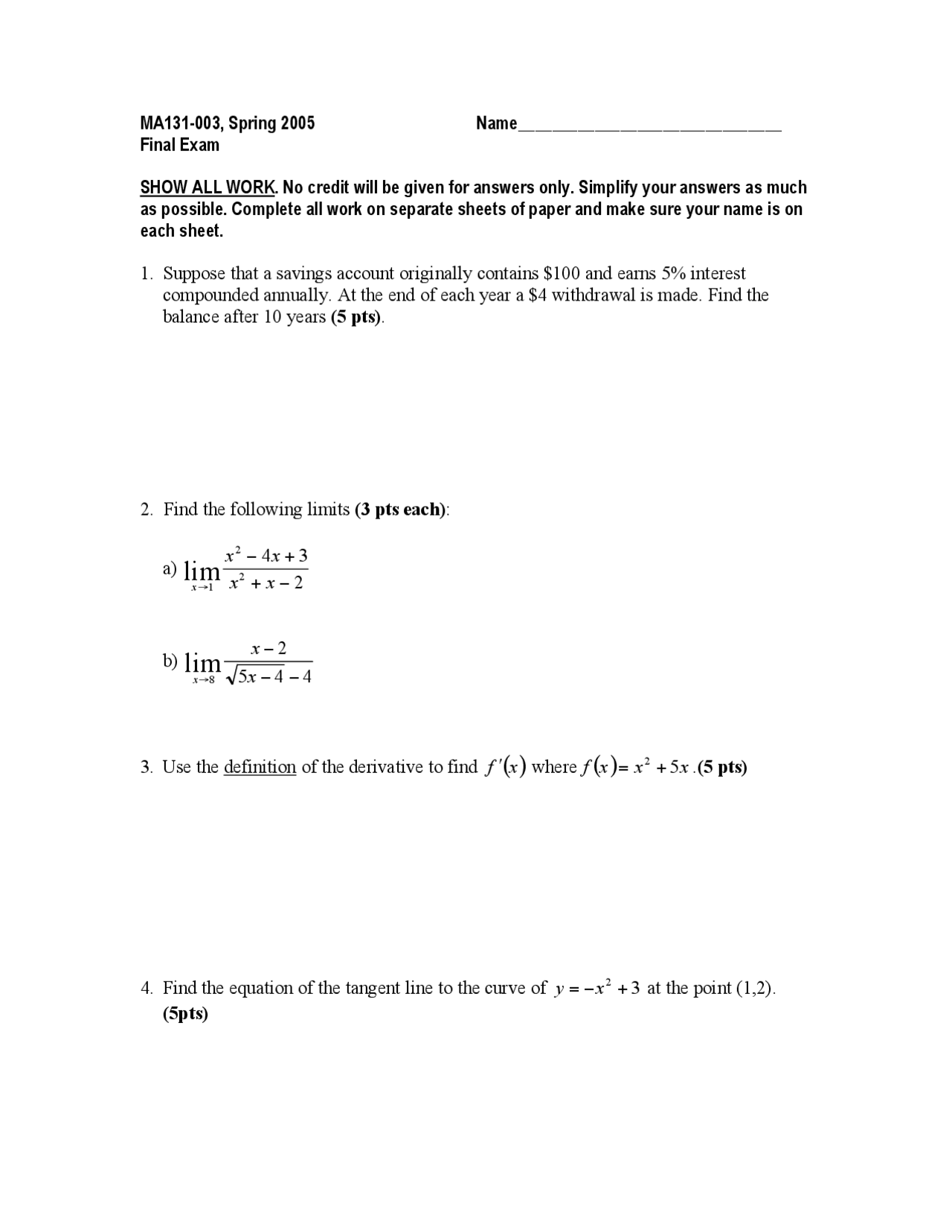 Final Exam - Calculus for Life and Management Sciences A | MA 131 - Docsity