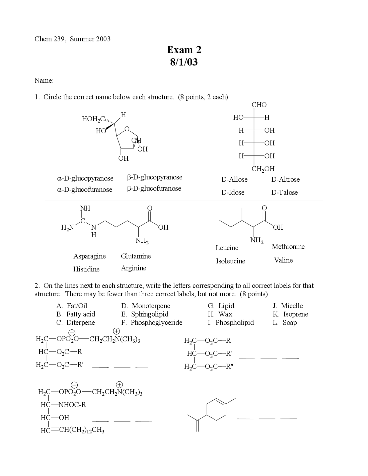 Organic Chemistry - Exam 2 Questions, Fall 2003 | CHEM 239 - Docsity