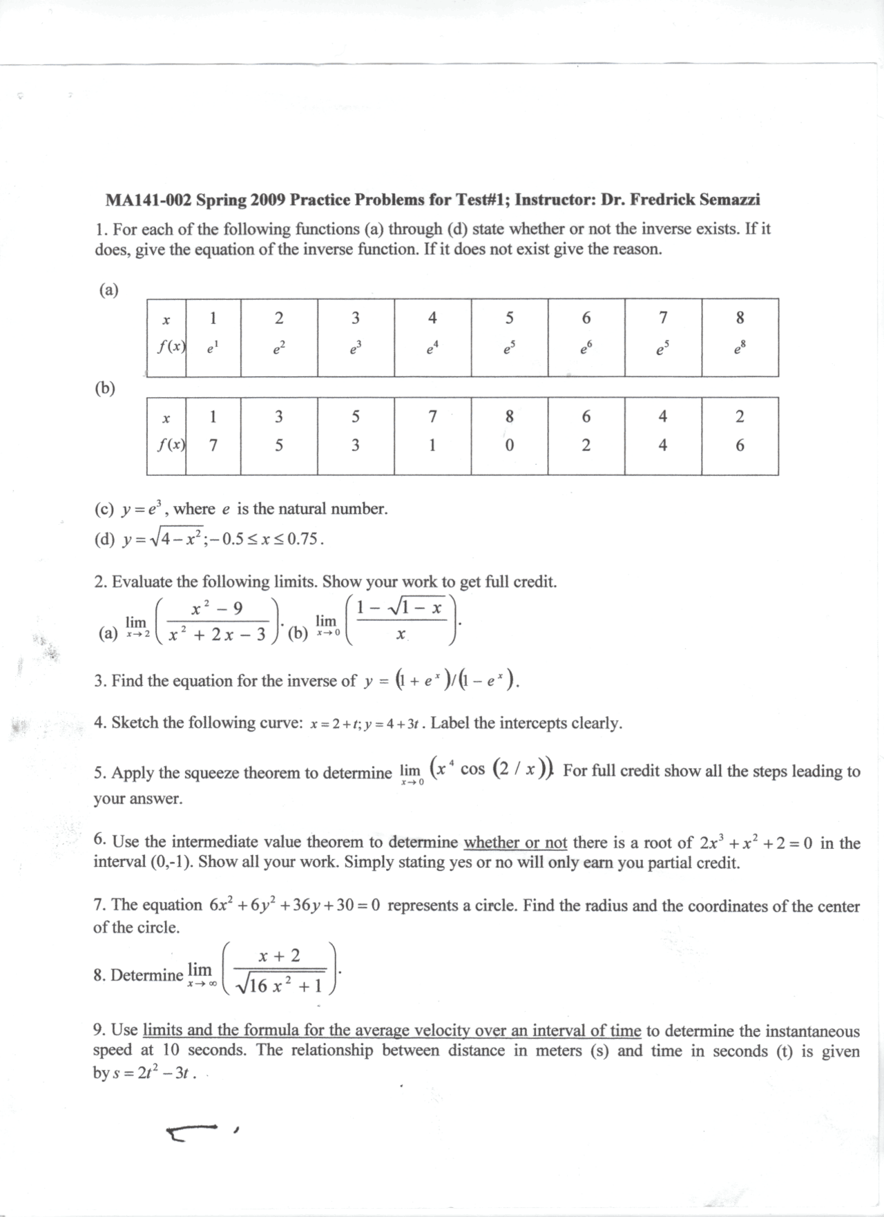 9 Solved Problems on Calculus I - Review Sheet | MA 141 - Docsity