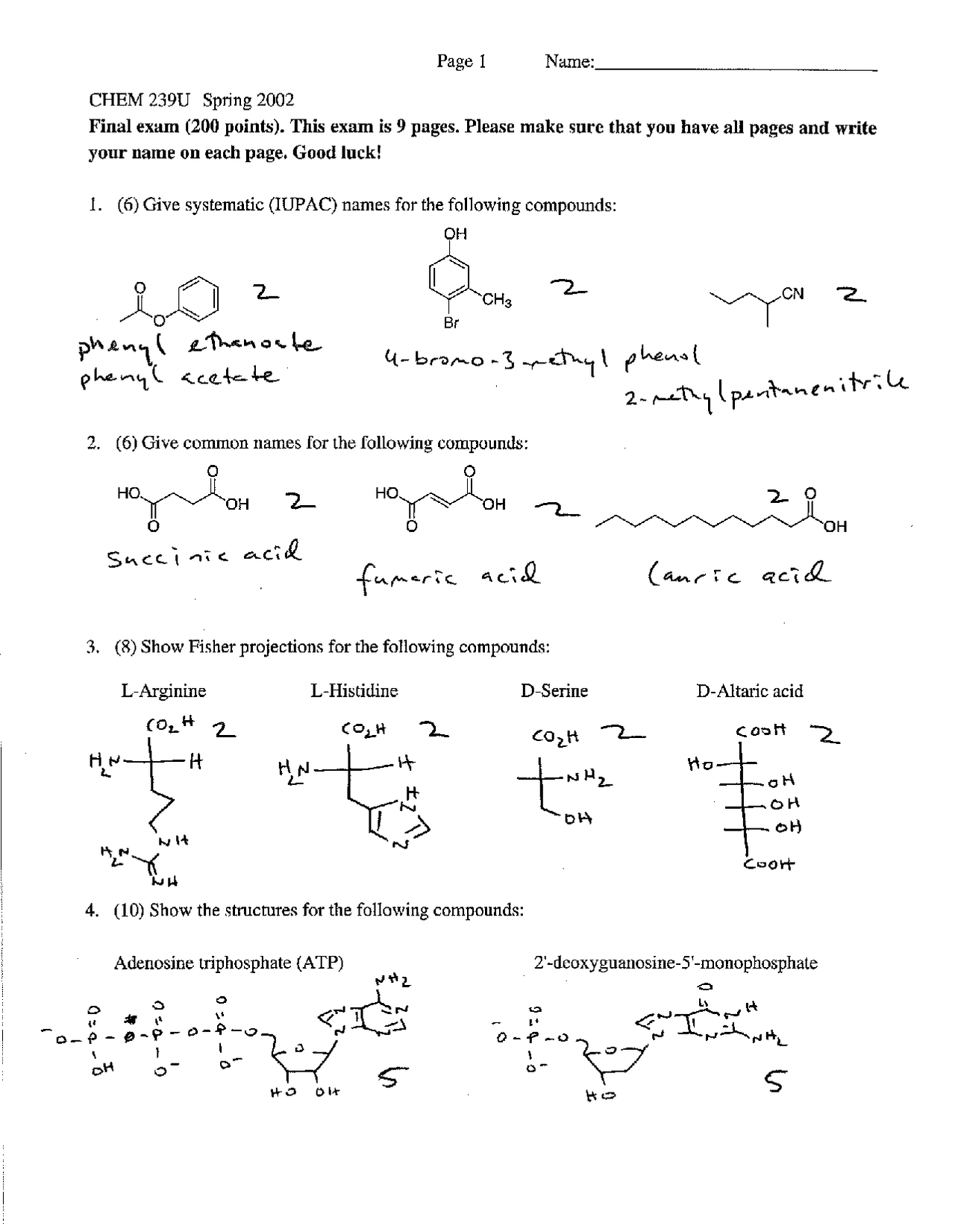 Final Exam Solutions Organic Chemistry CHEM 239 Docsity
