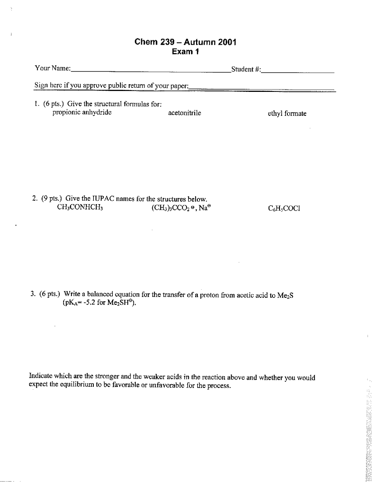 Test 1 Questions - Organic Chemistry | CHEM 239 - Docsity