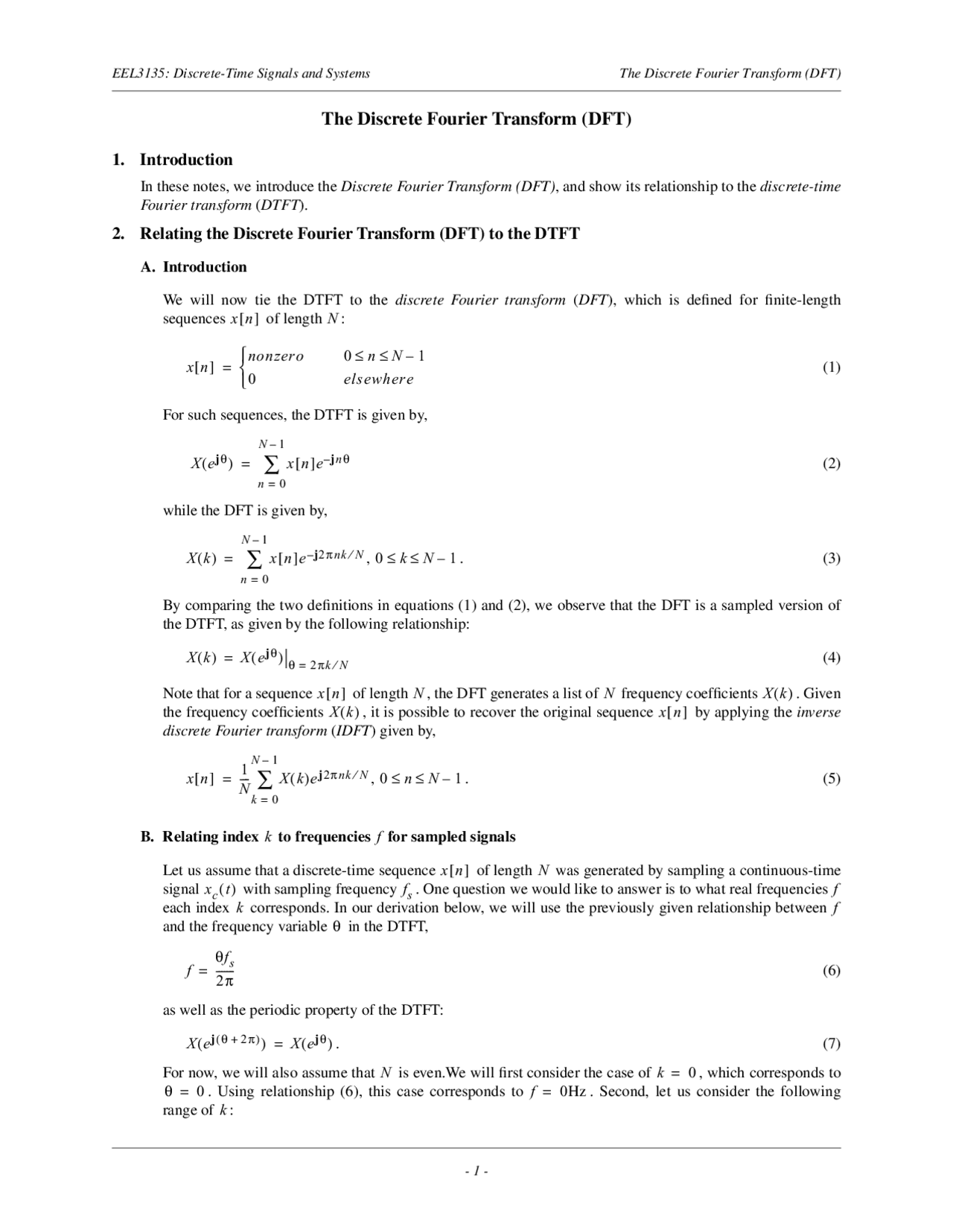 The Discrete Fourier Transform - Lecture Notes | EEL 3135 - Docsity