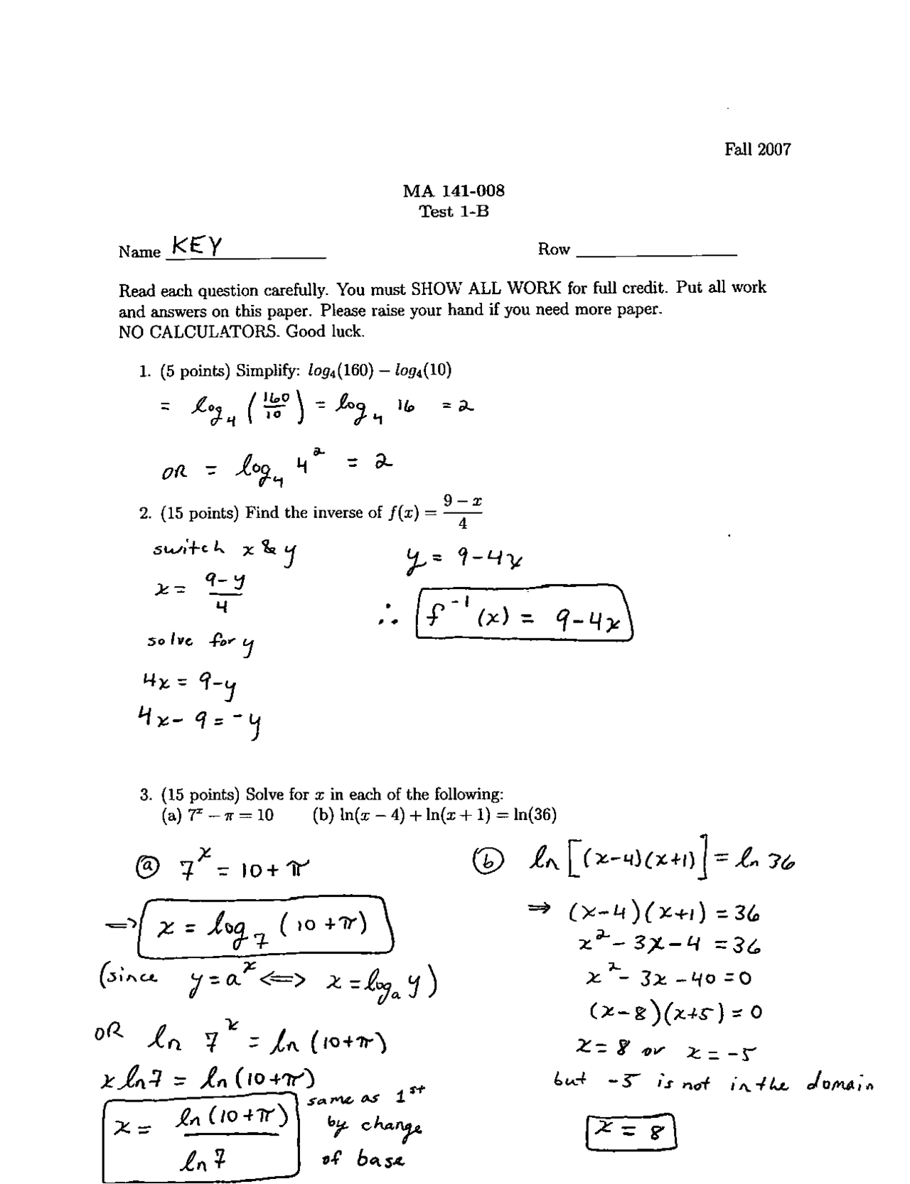 Exam 1 with Key Answers on Calculus 1 | MA 141 | Exams Calculus | Docsity