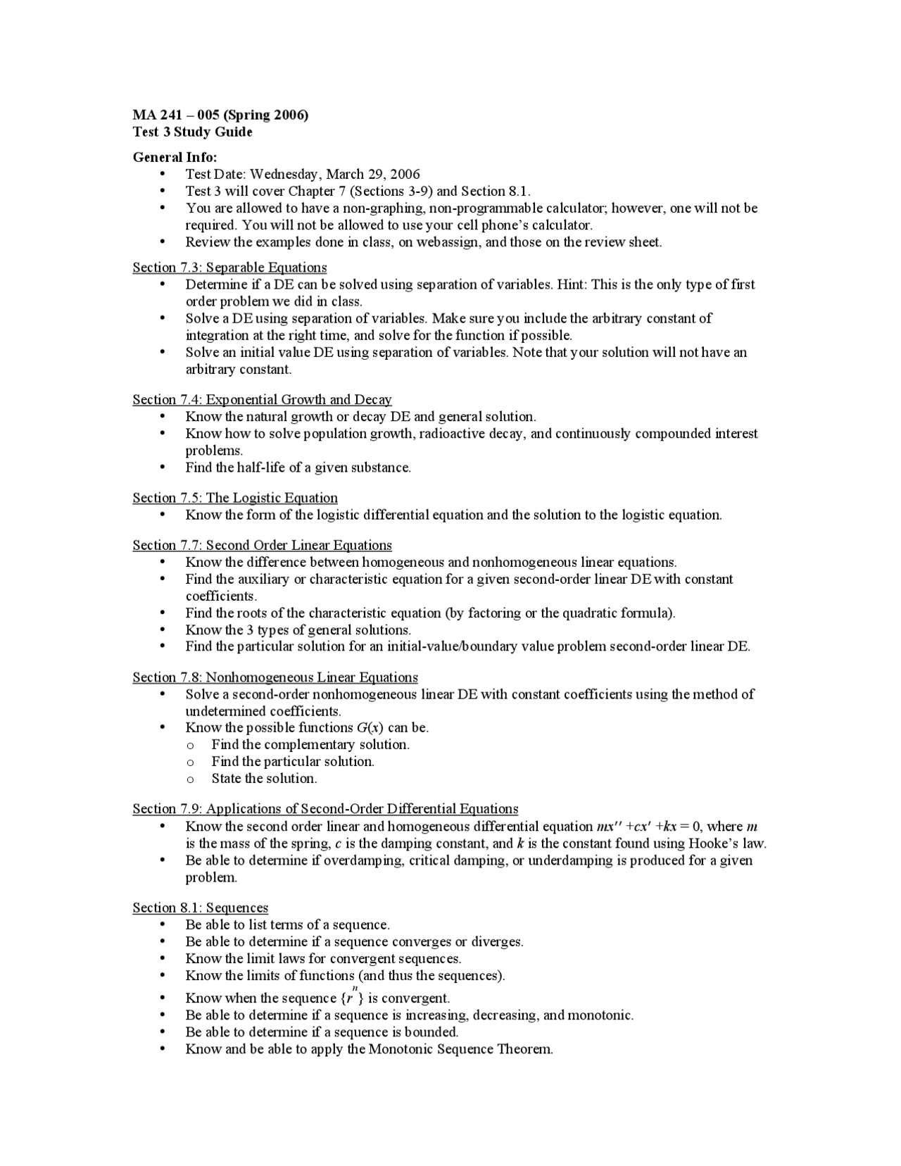 Test 3 Study Guide - Calculus II | MA 241 - Docsity