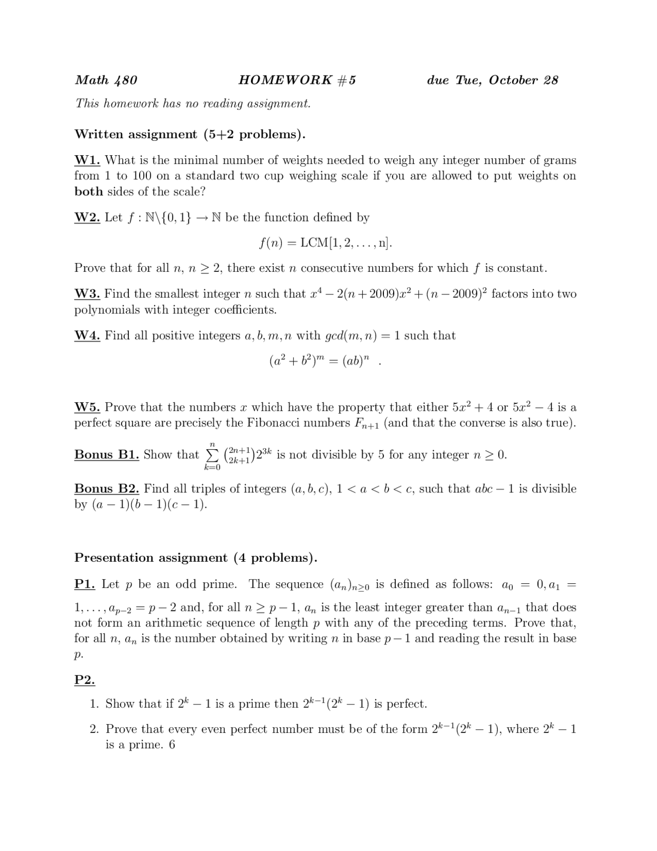 Topics for Undergraduate - Homework 5 Problems | MATH 480 - Docsity