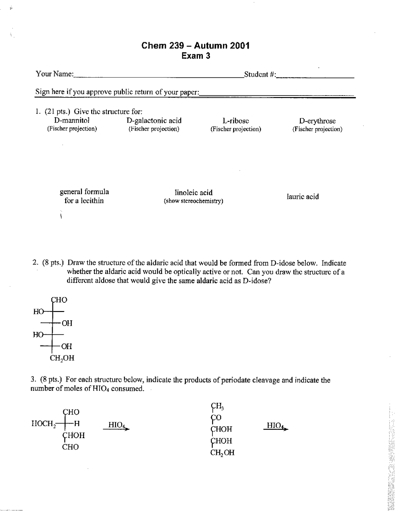 Exam 3 Questions Fall 2001 - Organic Chemistry | CHEM 239 - Docsity