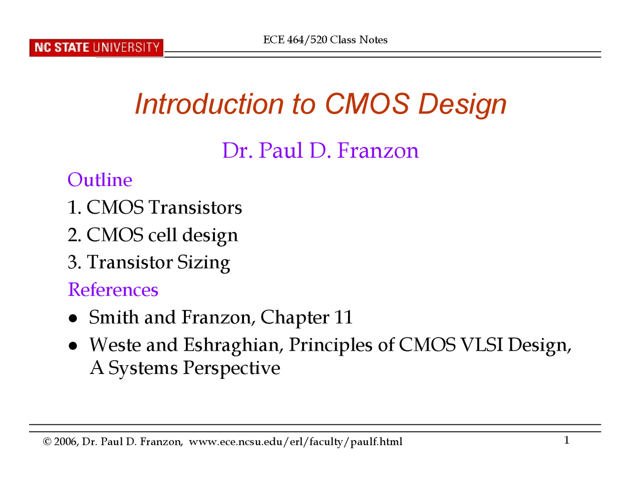 Introduction to CMOS Design - Lecture Notes | ECE 464 - Docsity