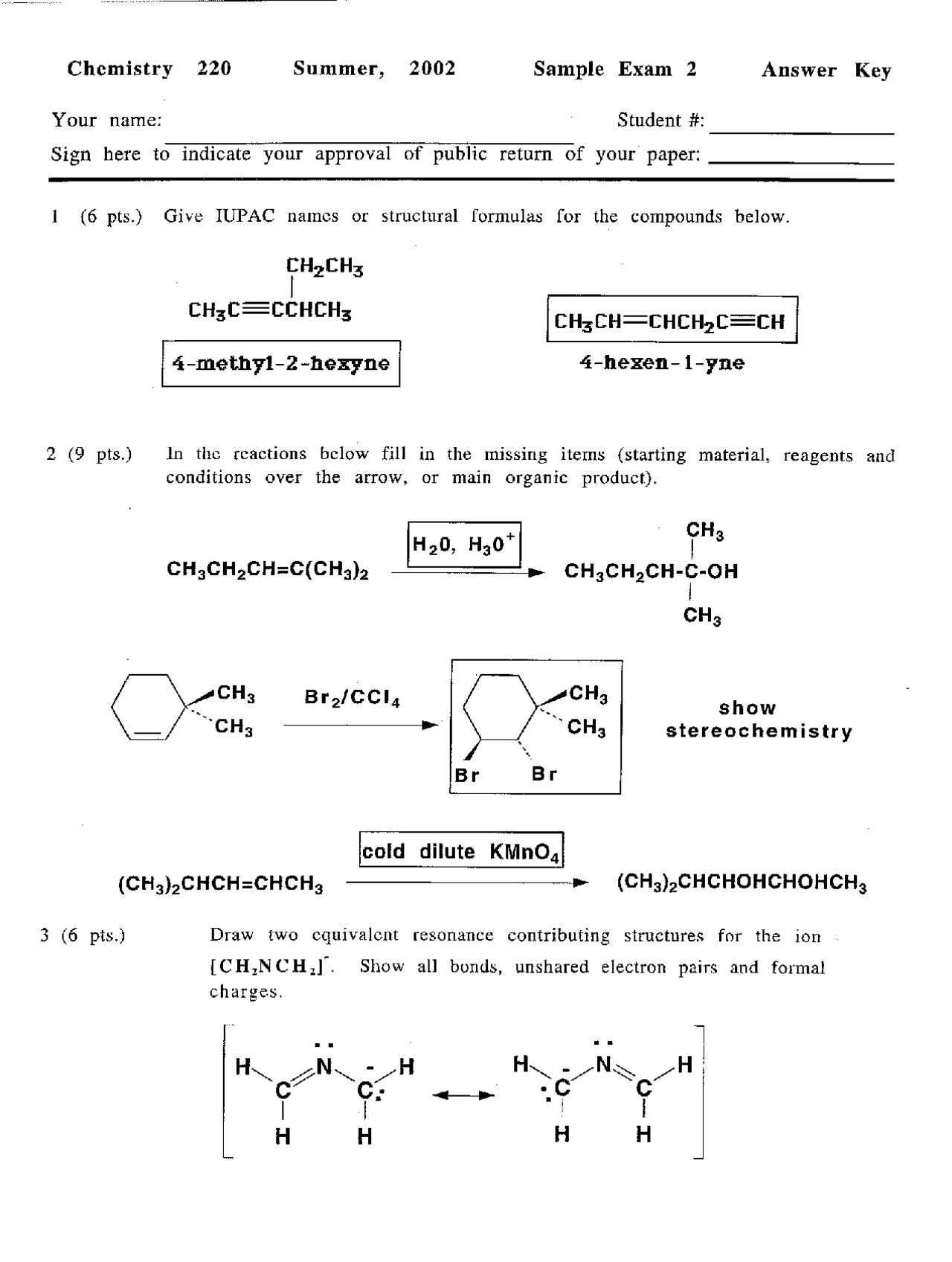 Che 220 Module 3 Worksheet Sample Exam with Answers Key - Principles Chemistry II | CHEM 220 - Docsity