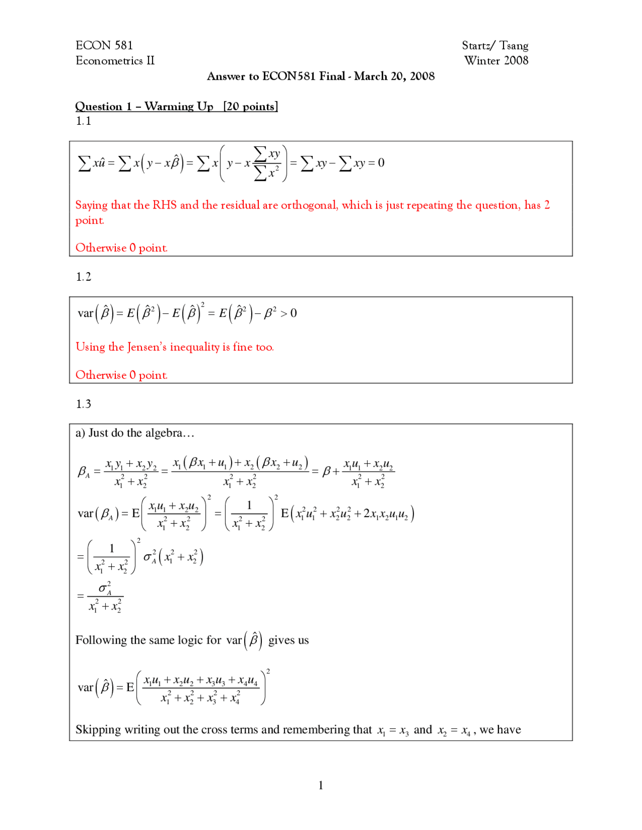 Practice Questions for Final - Econometrics II | ECON 581 - Docsity