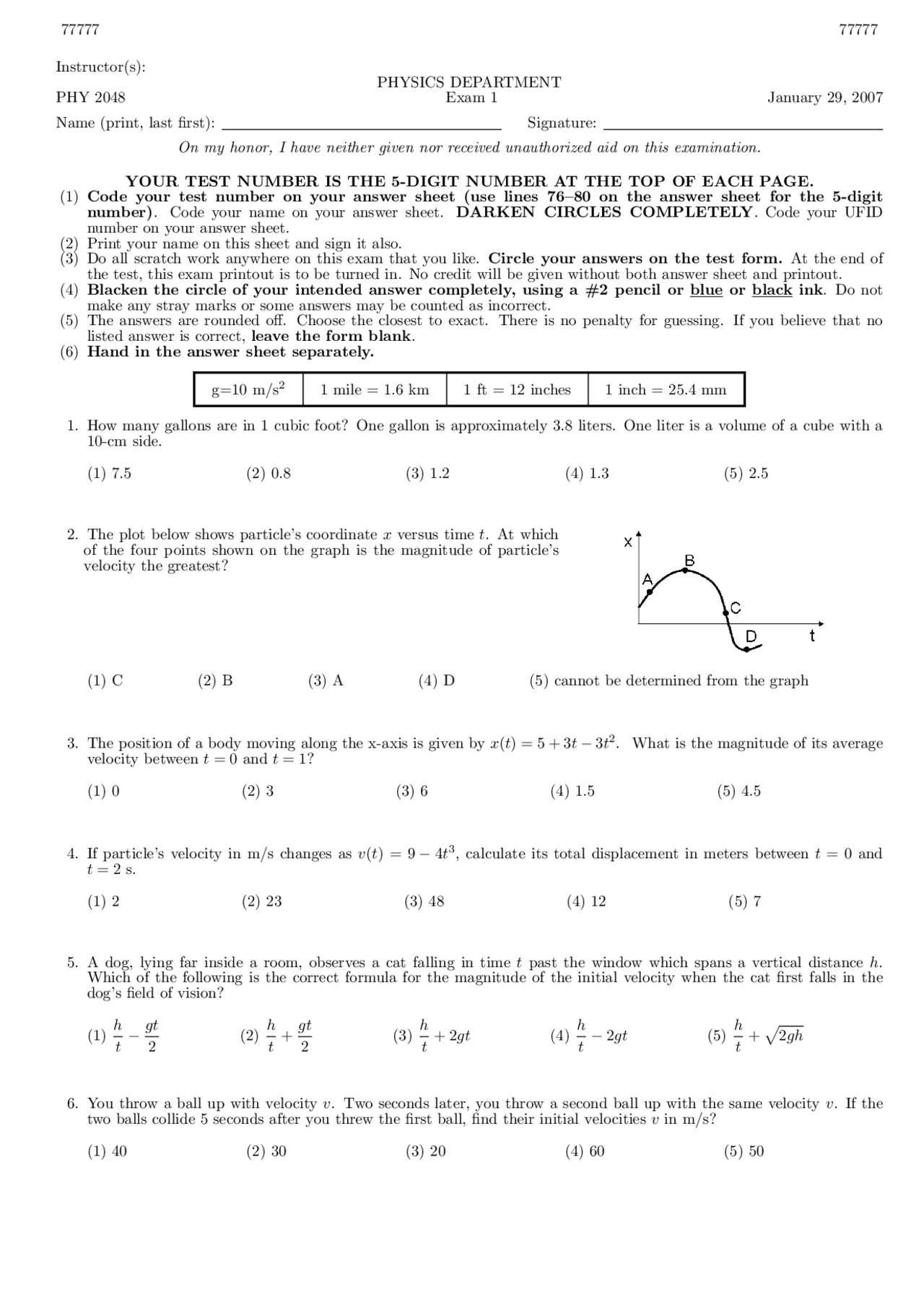 Final Exam with Solutions Key - Physics with Calculus I | PHY 2048 ...
