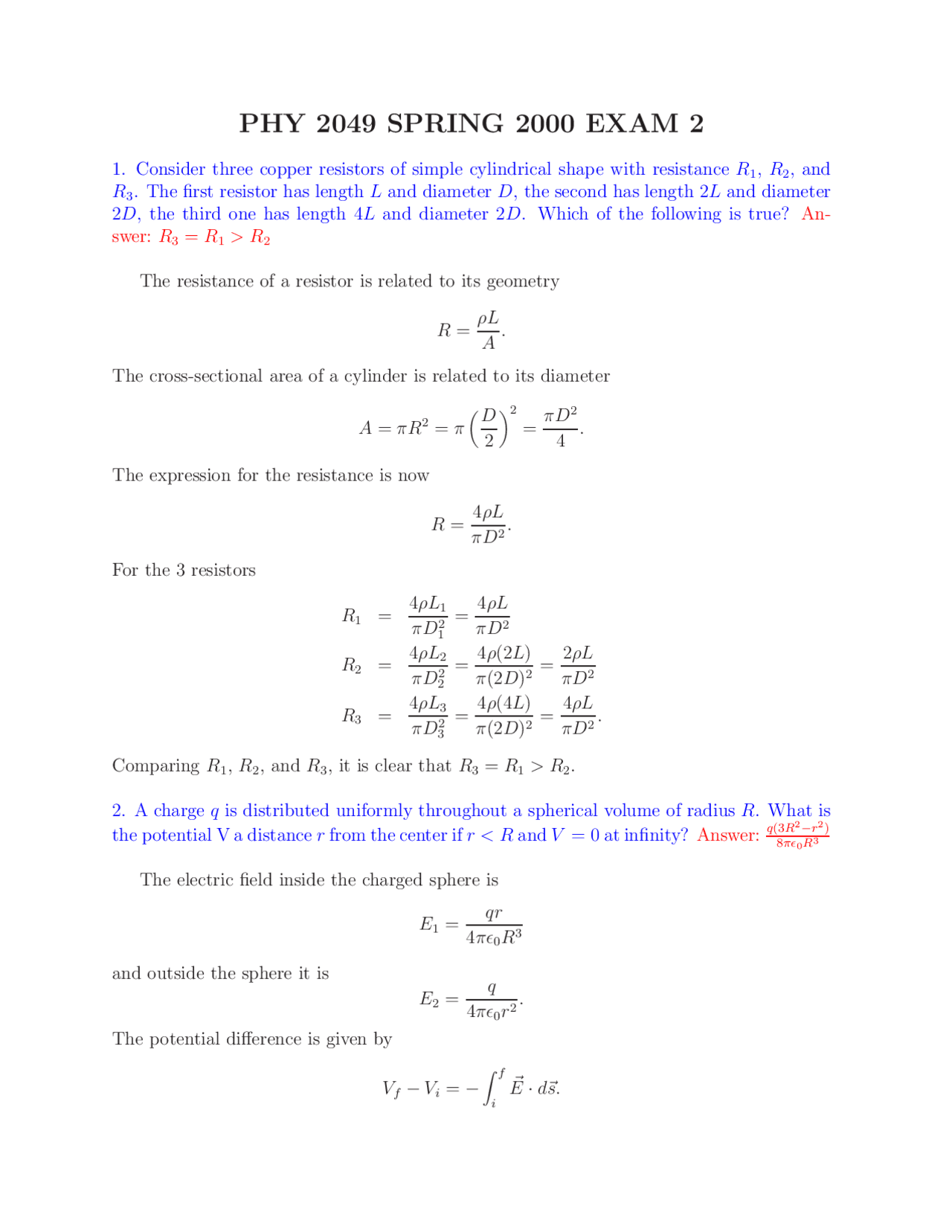 Solved Exam 2 - Physics with Calculus II | PHY 2049 - Docsity