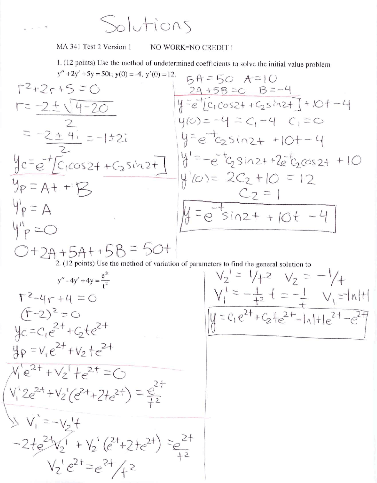 Exam 1 Version 1 Solutions Applied Differential Equations I MA 341