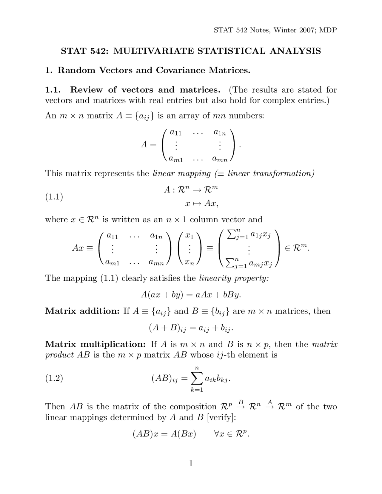 Multivariate Statistical Analysis 1 - Random Vectors and Covariance ...