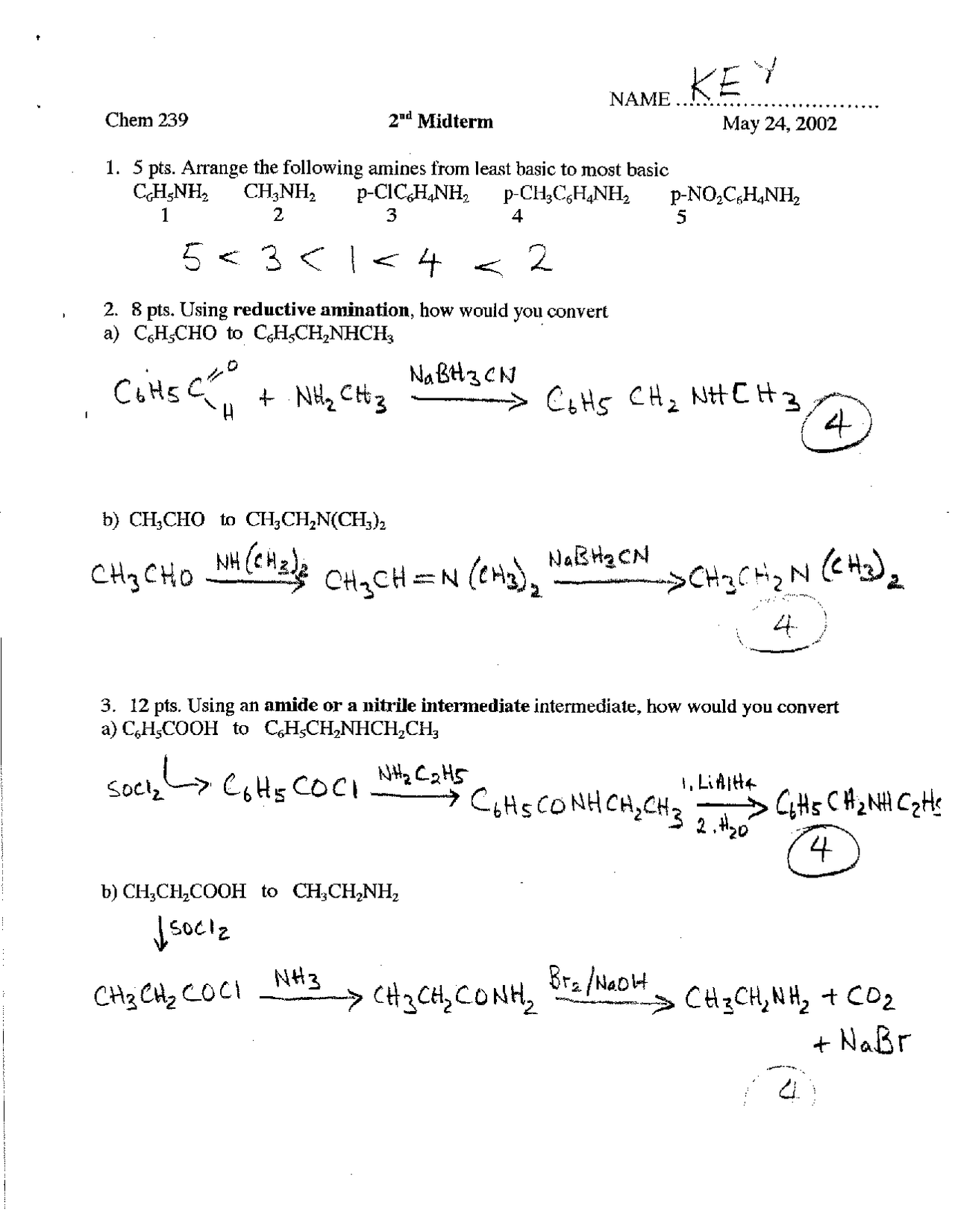 Midterm 2 Resolution - Organic Chemistry - 2002 | CHEM 239 - Docsity