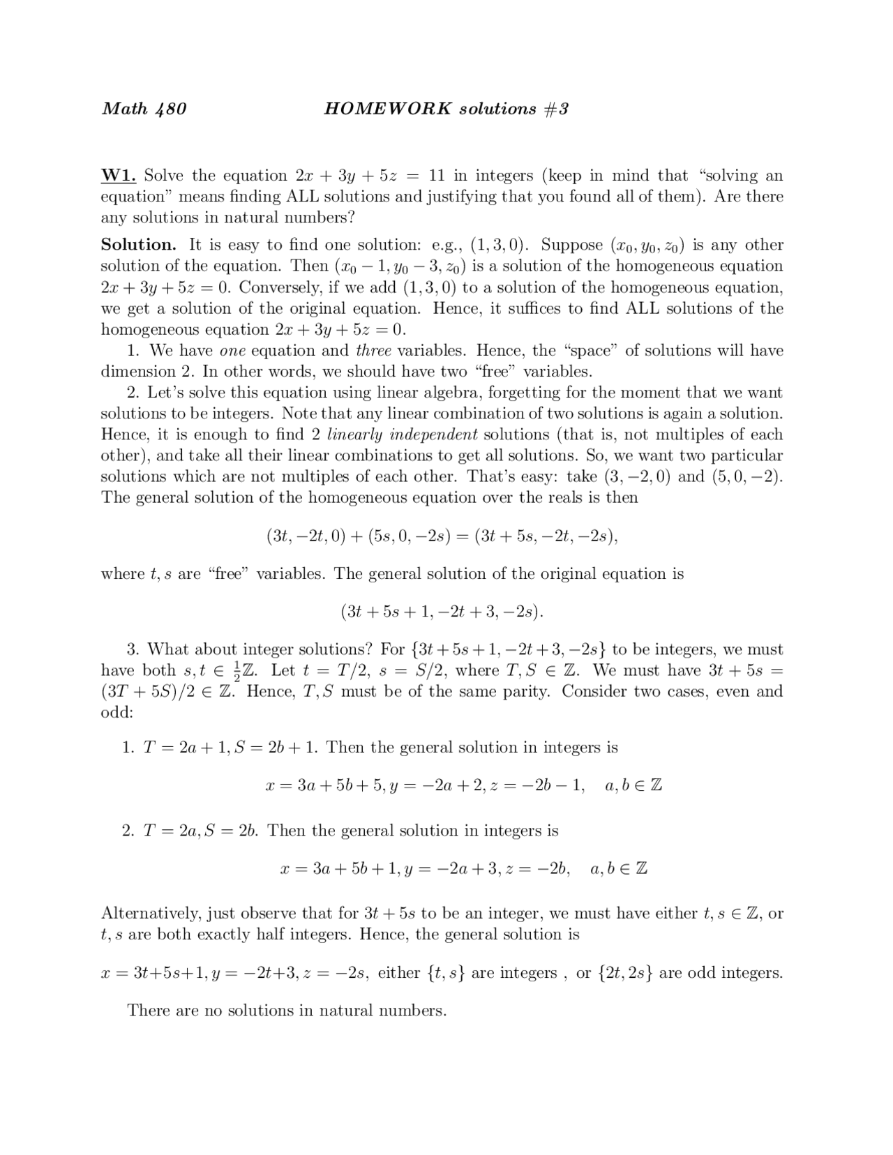 Homework 3 Solutions - Topics for Undergraduate | MATH 480 - Docsity