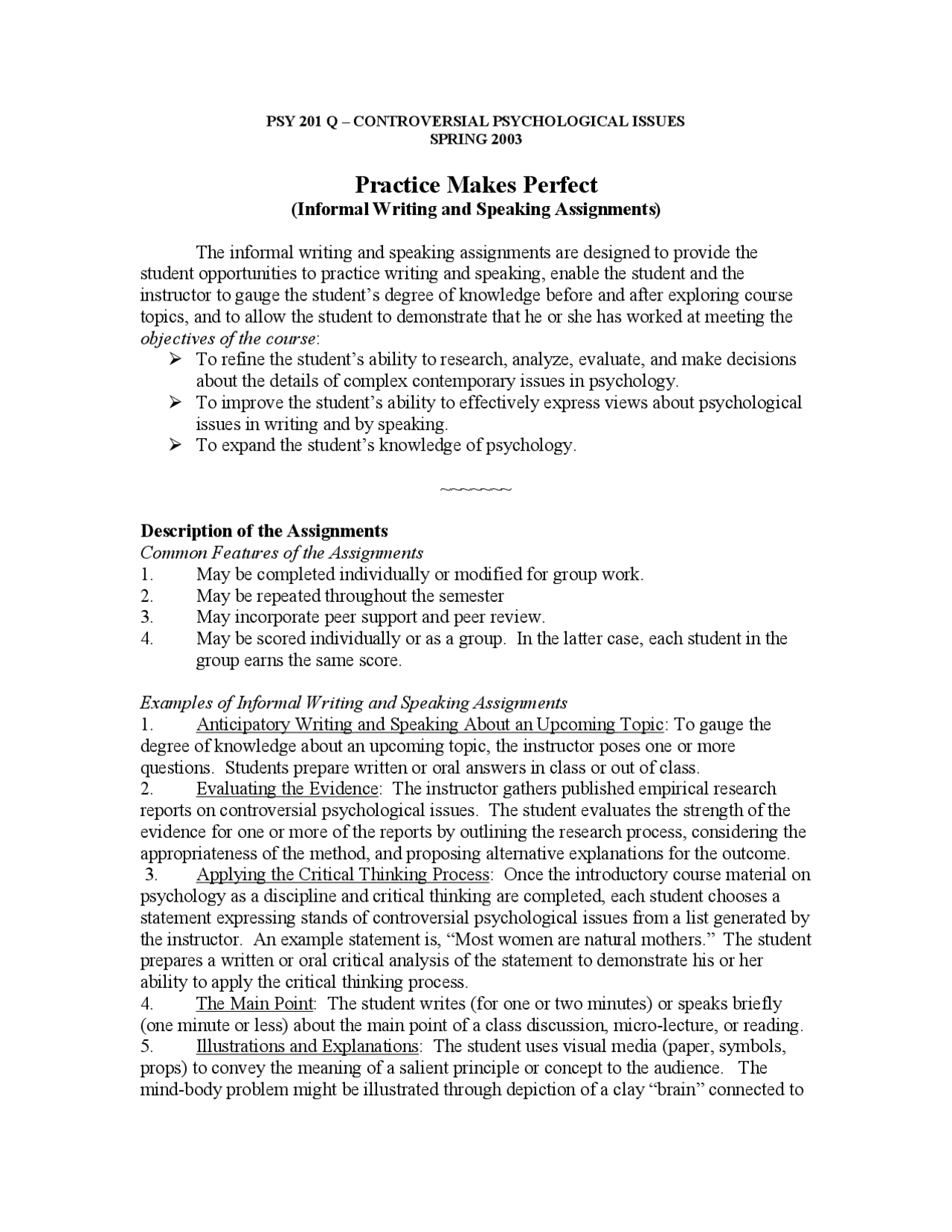 201q Informal Writing and Speaking Assignments for Psychological Issues ...