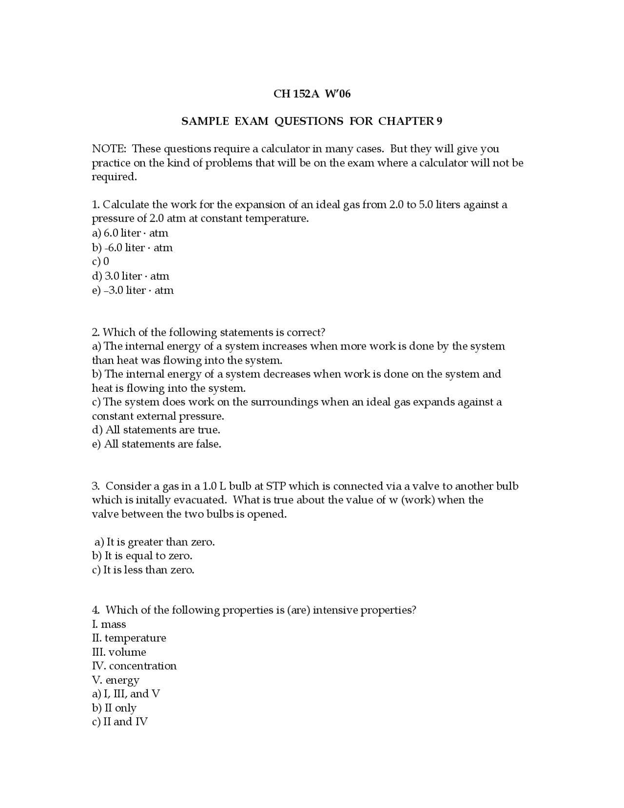 Sample Exam Questions - General Chemistry | CHEM 152 - Docsity
