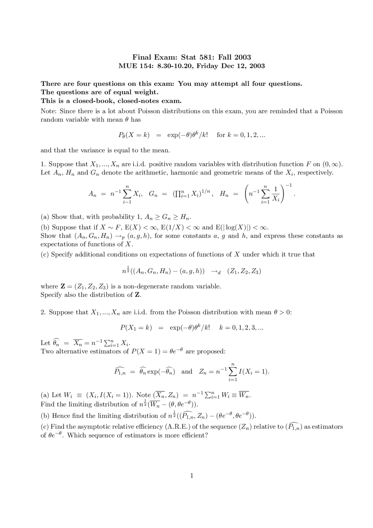 Final Exam Fall 2003 - Advanced Theory of Statistical Inference | STAT ...