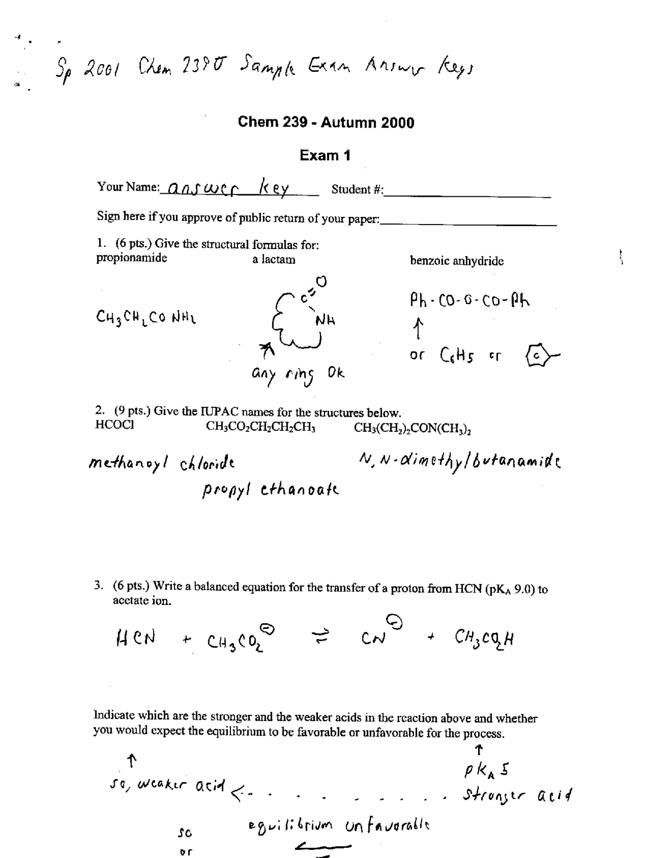 Solved Exam 1 Questions - Organic Chemistry | CHEM 239 - Docsity