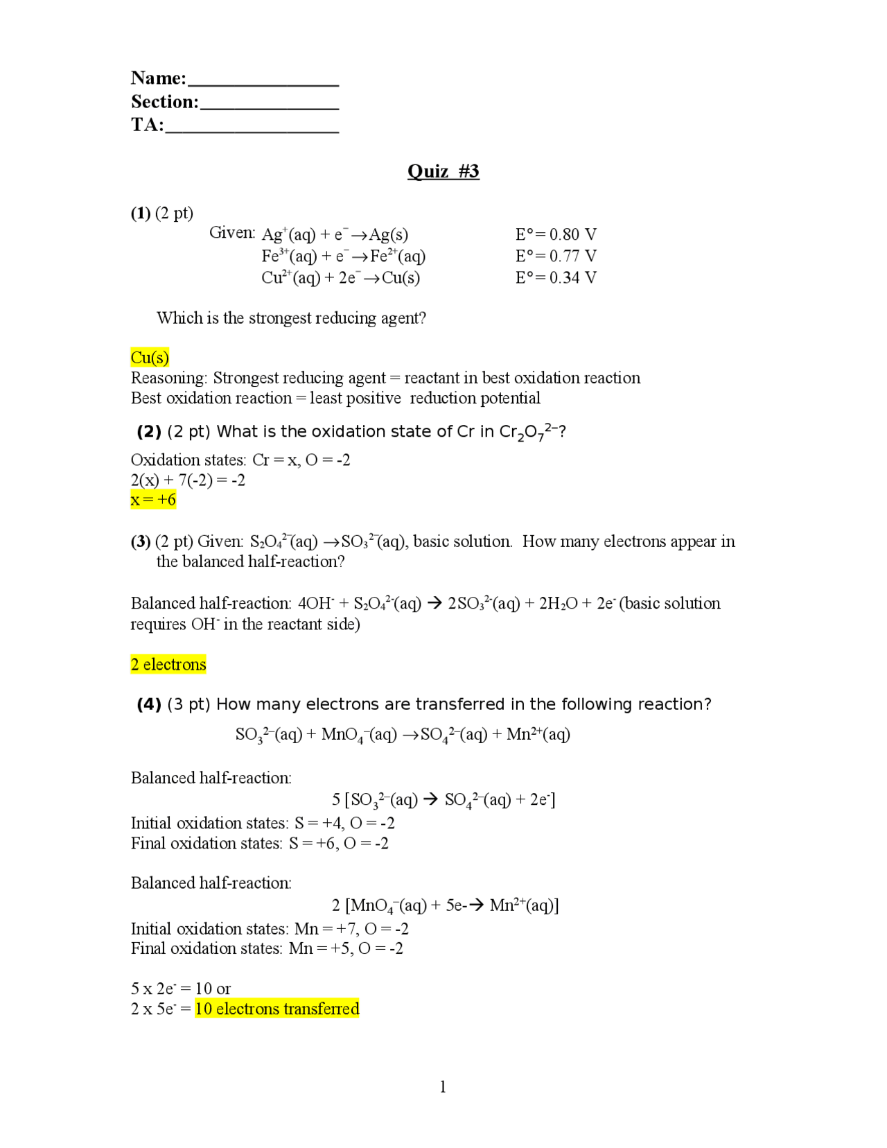 Quiz 3 with Answer - General Chemistry | CHEM 152 - Docsity