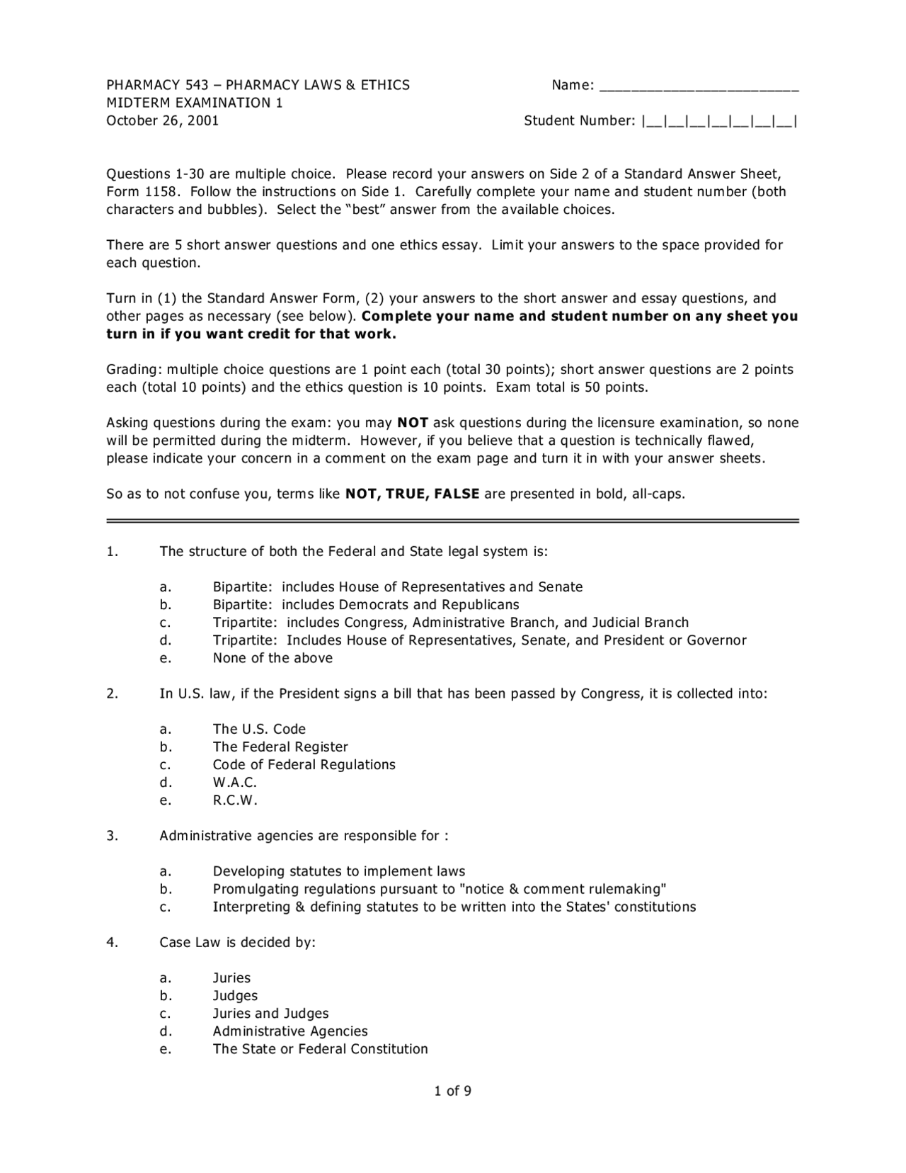 Solution for Midterm Exam 1 Pharmacy Laws and Ethics PHARM 543