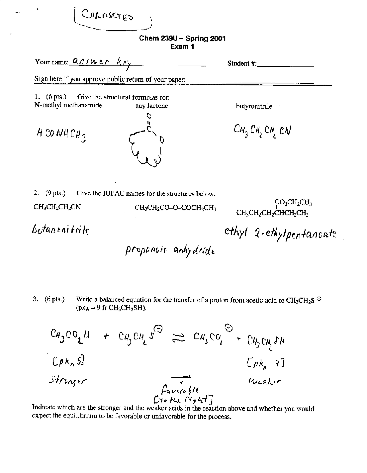 Exam 1 Questions with Solutions - Organic Chemistry | CHEM 239 - Docsity