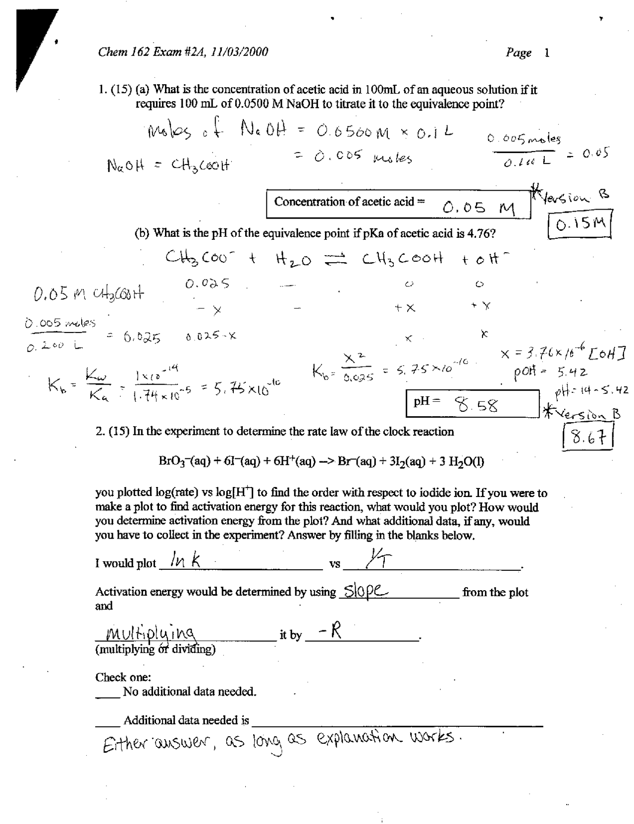 Exam 2A Questions with Solutions - General Chemistry | CHEM 162 - Docsity