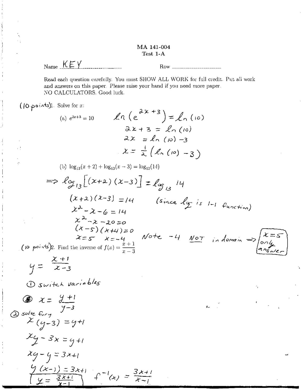 Test 1 A with Solution - Calculus I | MA 141 - Docsity