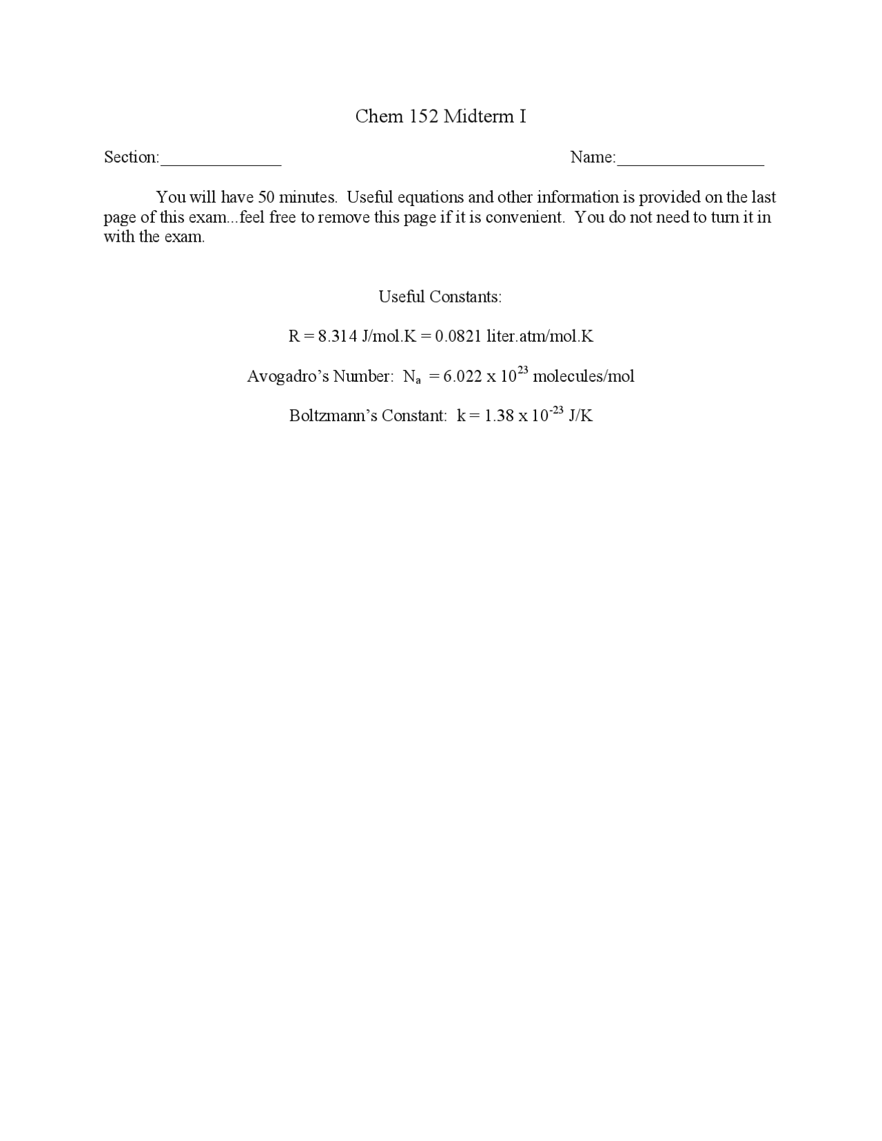 Midterm 1 with Answers | General Chemistry | CHEM 152 - Docsity