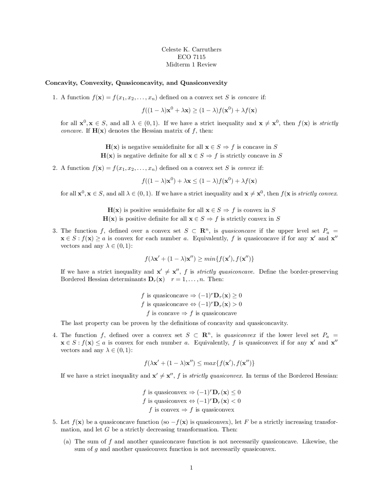 Midterm I Review Problems On Microeconomic Theory Eco 7115 Docsity