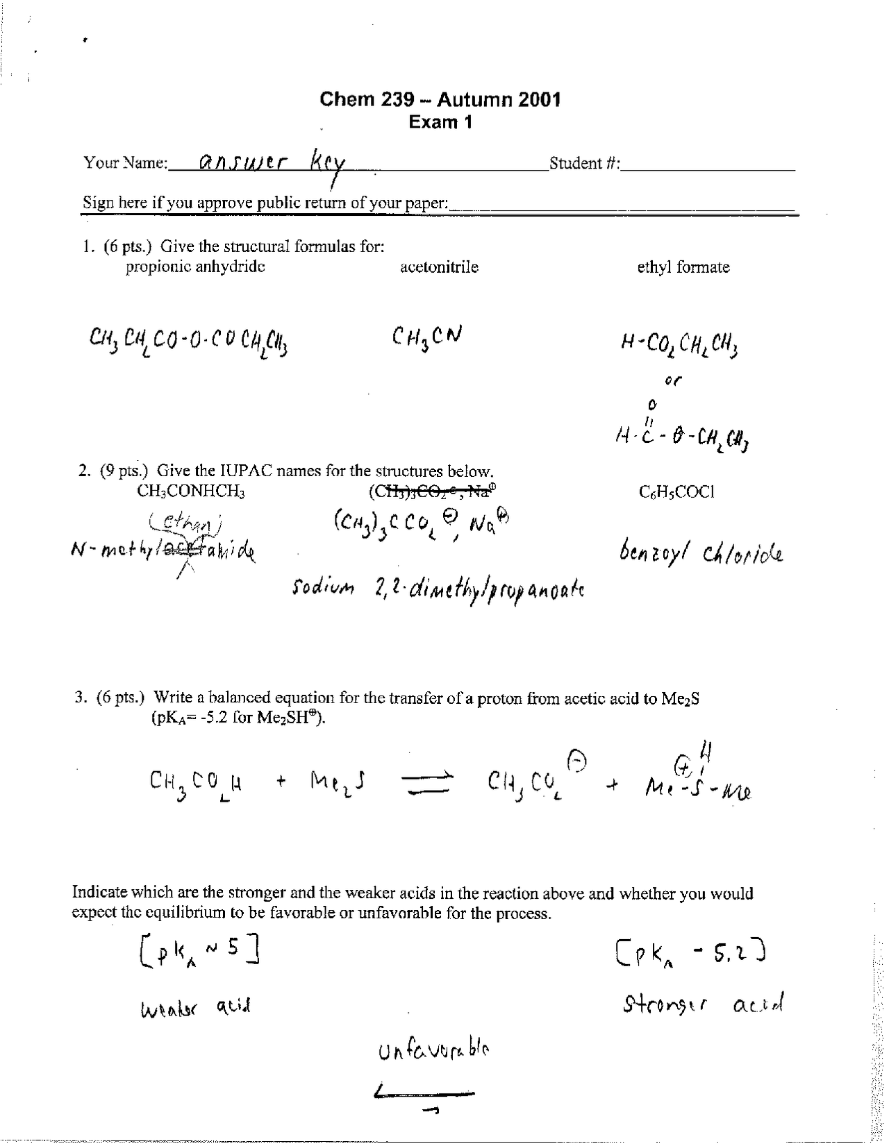 Exam 1 Questions with Answer Key - Organic Chemistry | CHEM 239 - Docsity