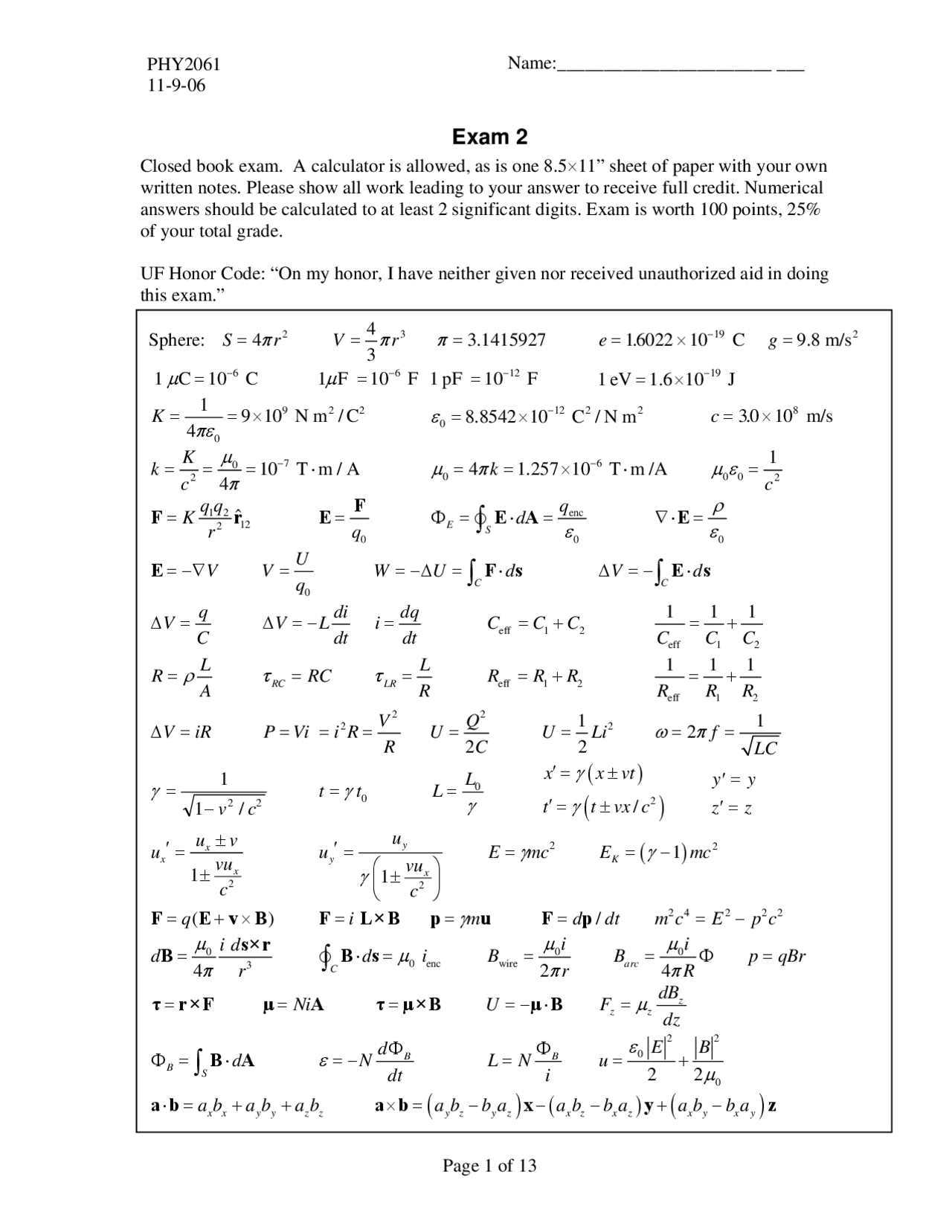 13 Problems Exam 2 - Enriched Physics With Calculus 2 | PHY 2061 ...