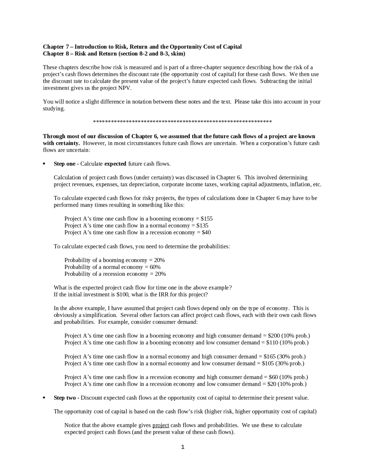 Risk and Returns and The Opportunity Cost of Capital Study Notes