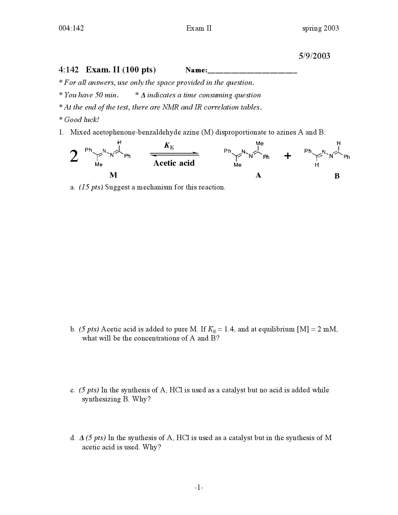4 Questions for Old Exam 2 - Organic Chemistry Lab for Majors | 004 142 ...