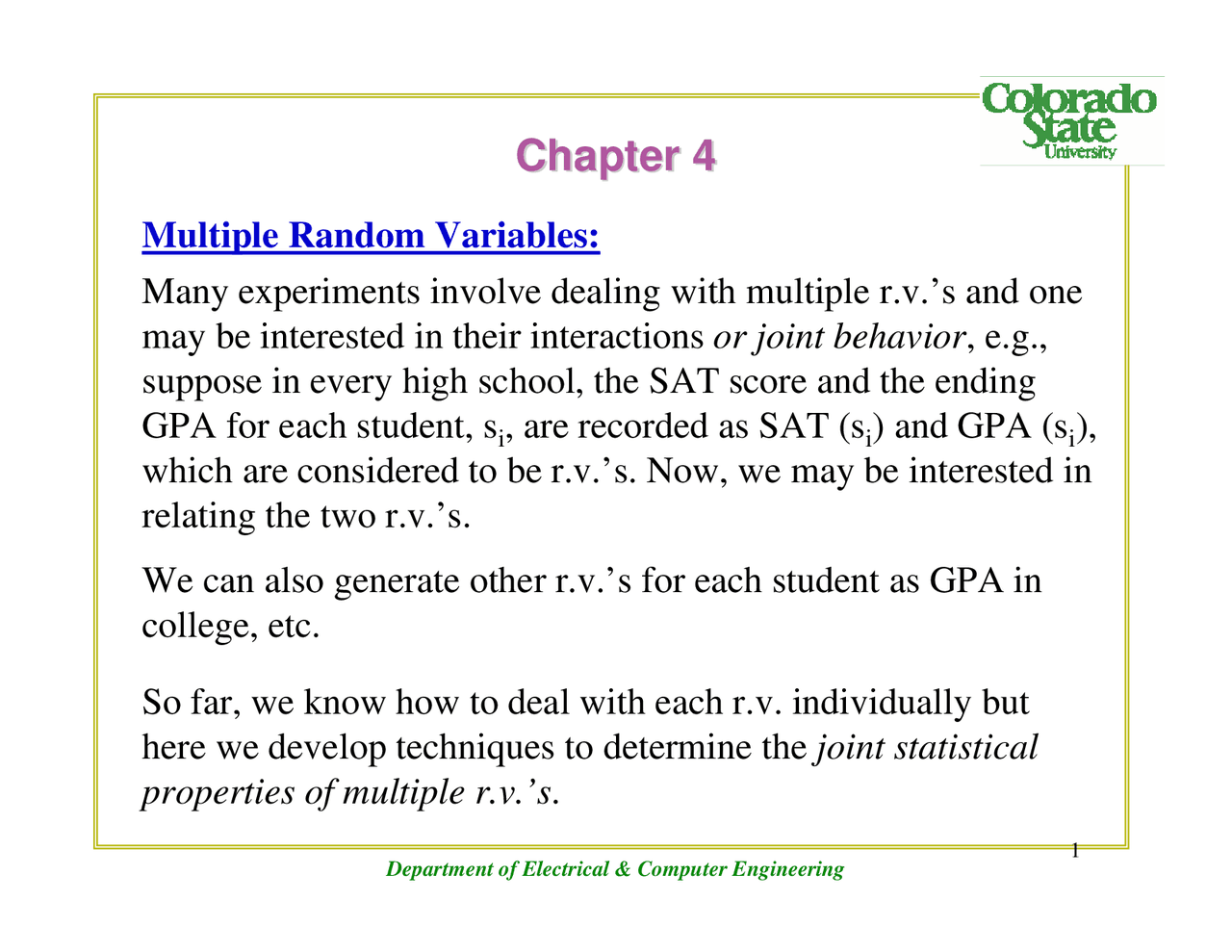 Introduction to Multiple and Vector Random Variables - Lecture Slides ...