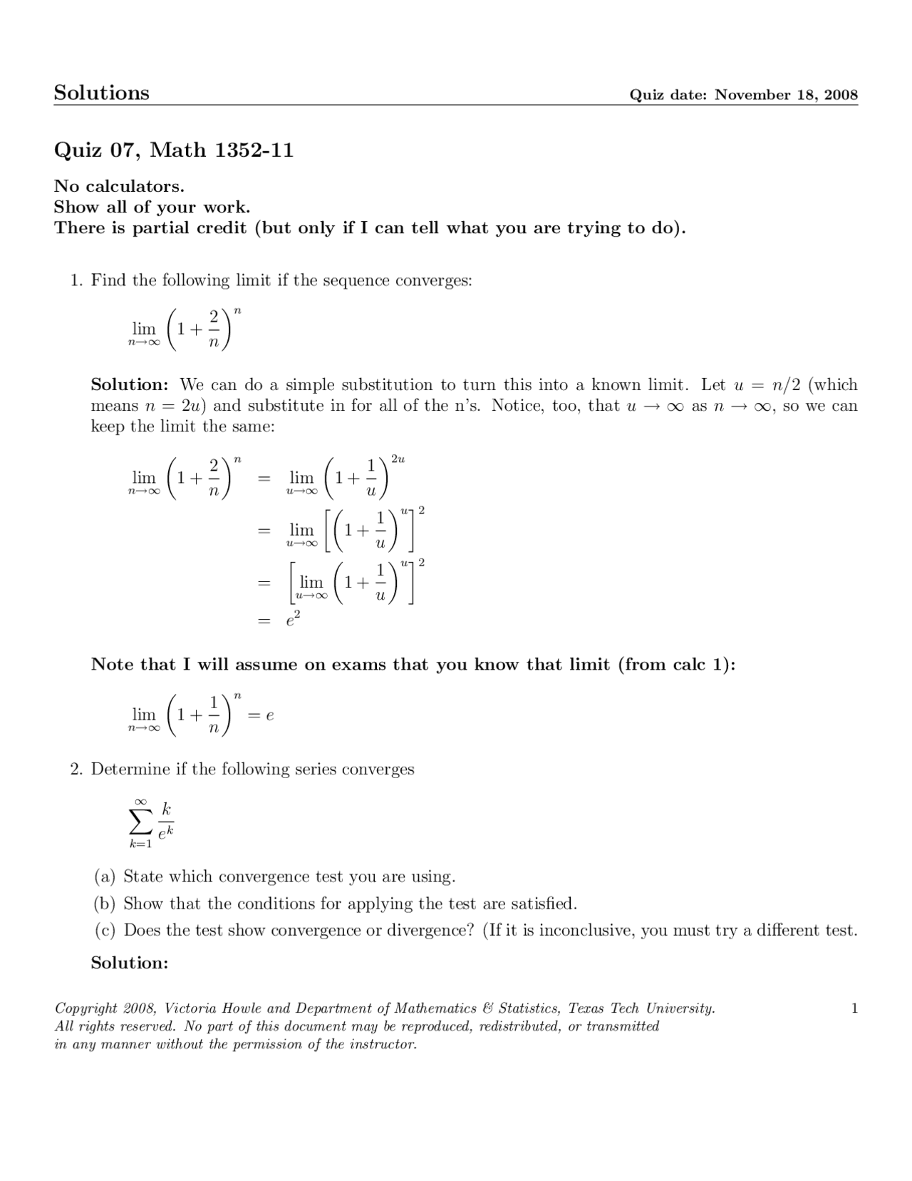 Quiz 7 Solutions | Calculus II for Honors | MATH 1352 - Docsity