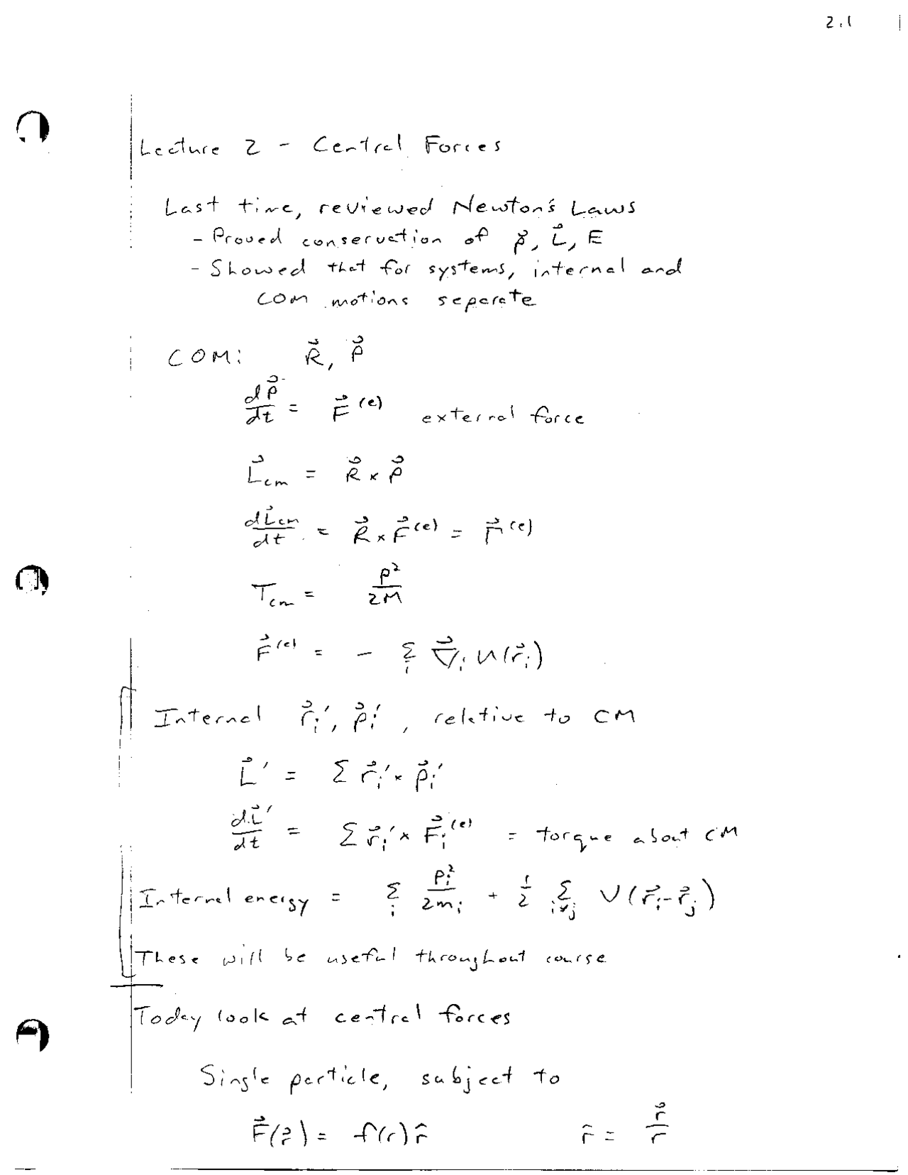 Handwritten Notes on Central Forces | PHYS 5210 - Docsity