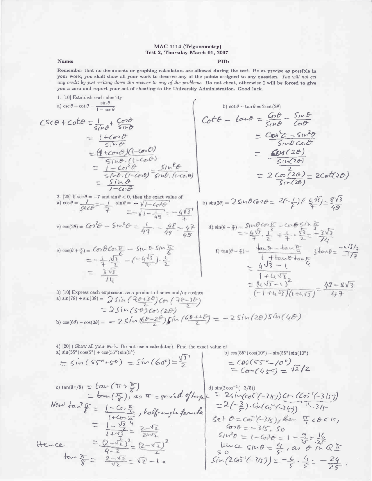Examination 2 Fall 2007 Trigonometry Mac 1114 Docsity Examination 2 Fall 2007 Trigonometry Mac 1114 Docsity