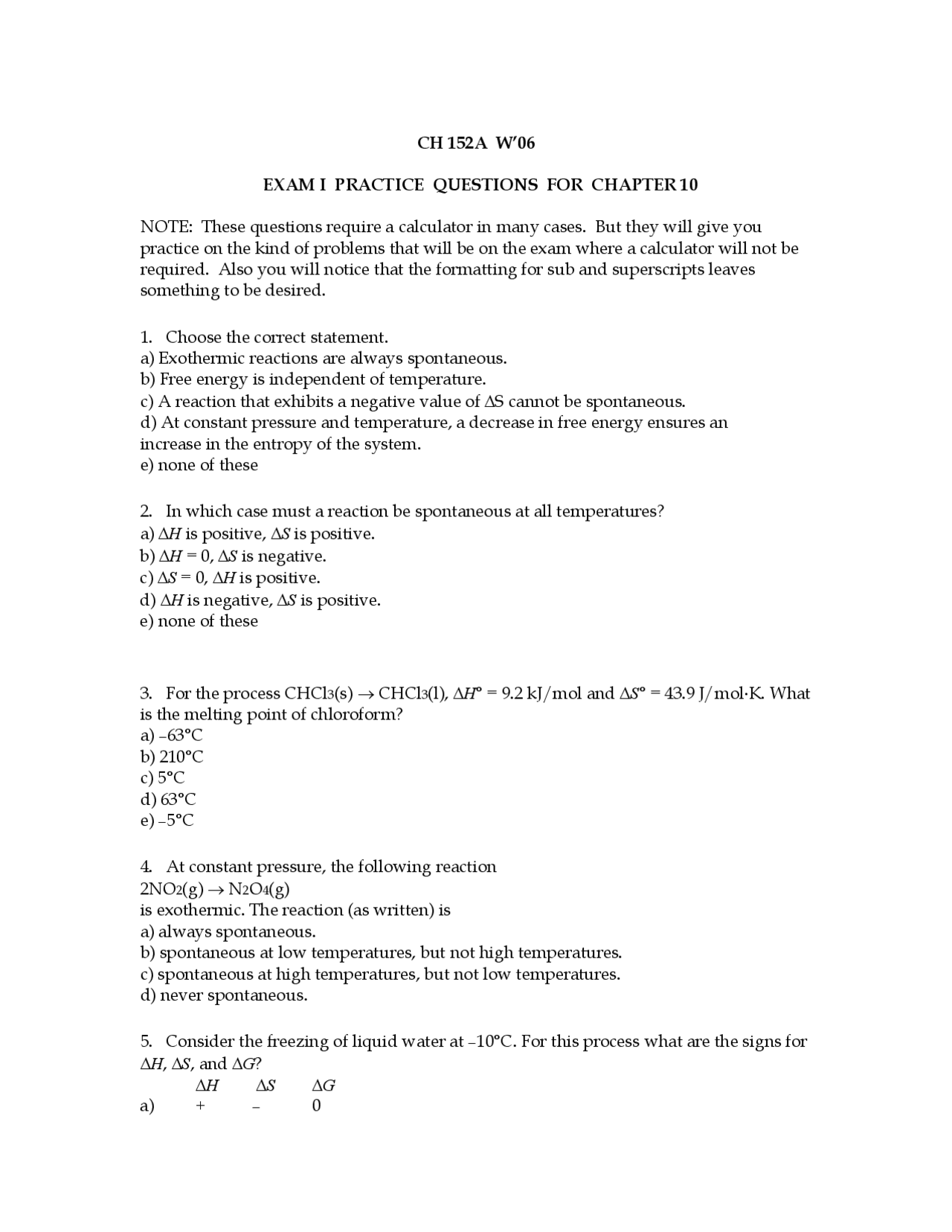 Exam 1 Practice Questions - General Chemistry | CHEM 152 - Docsity