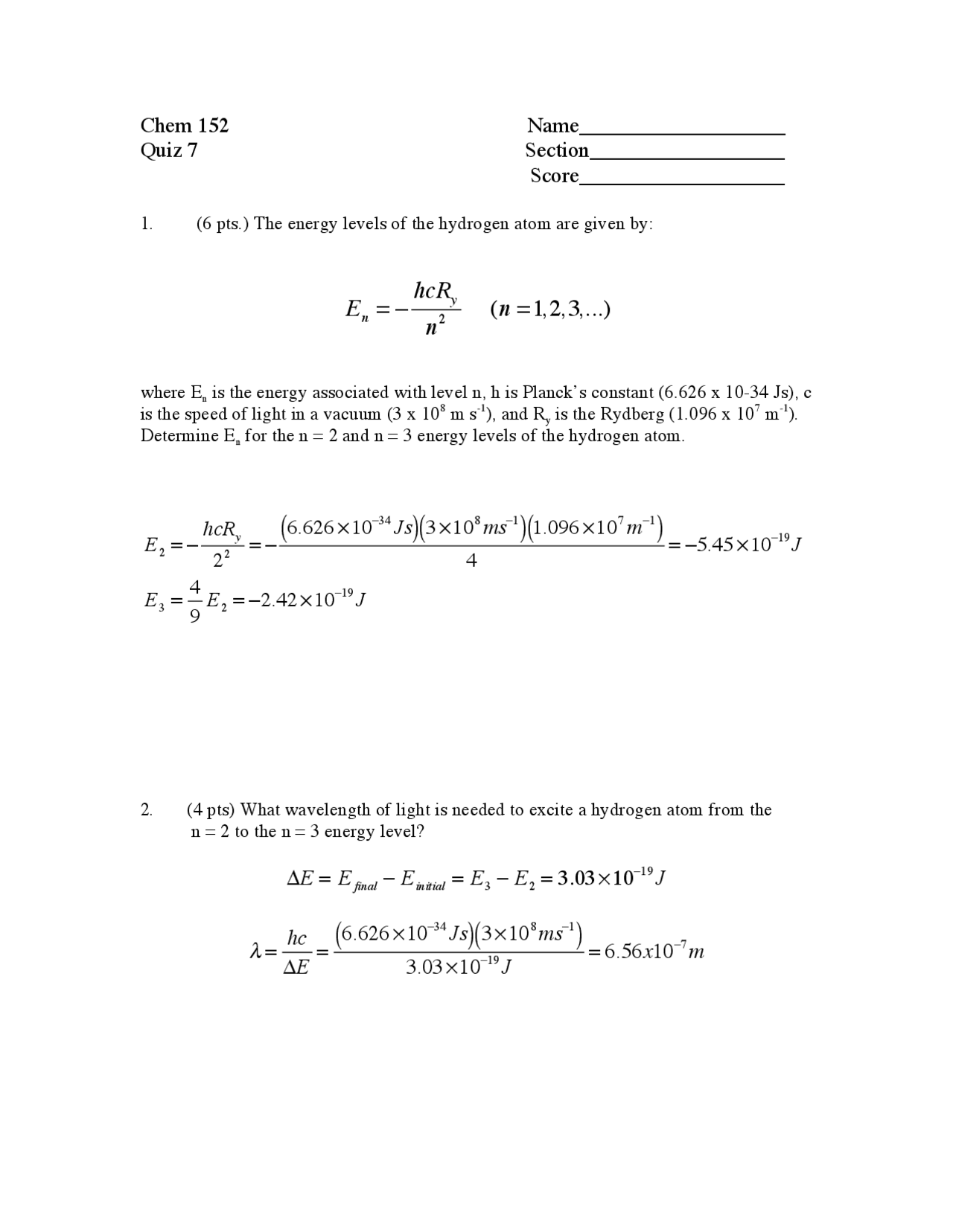 Quiz 7 Practice Questions - General Chemistry | CHEM 152 - Docsity