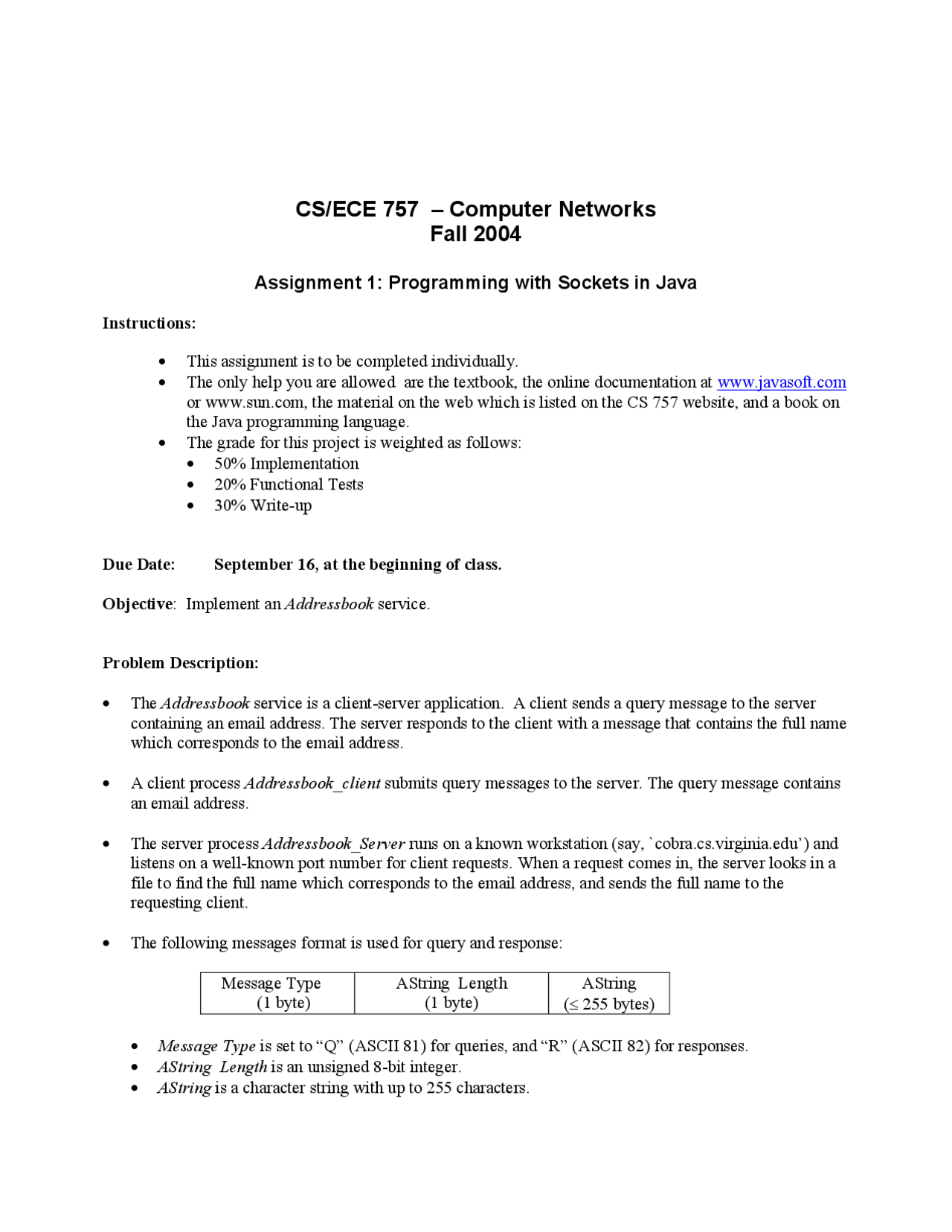 Assignment 1 Programming with Sockets in Java - Computer Networks | CS ...