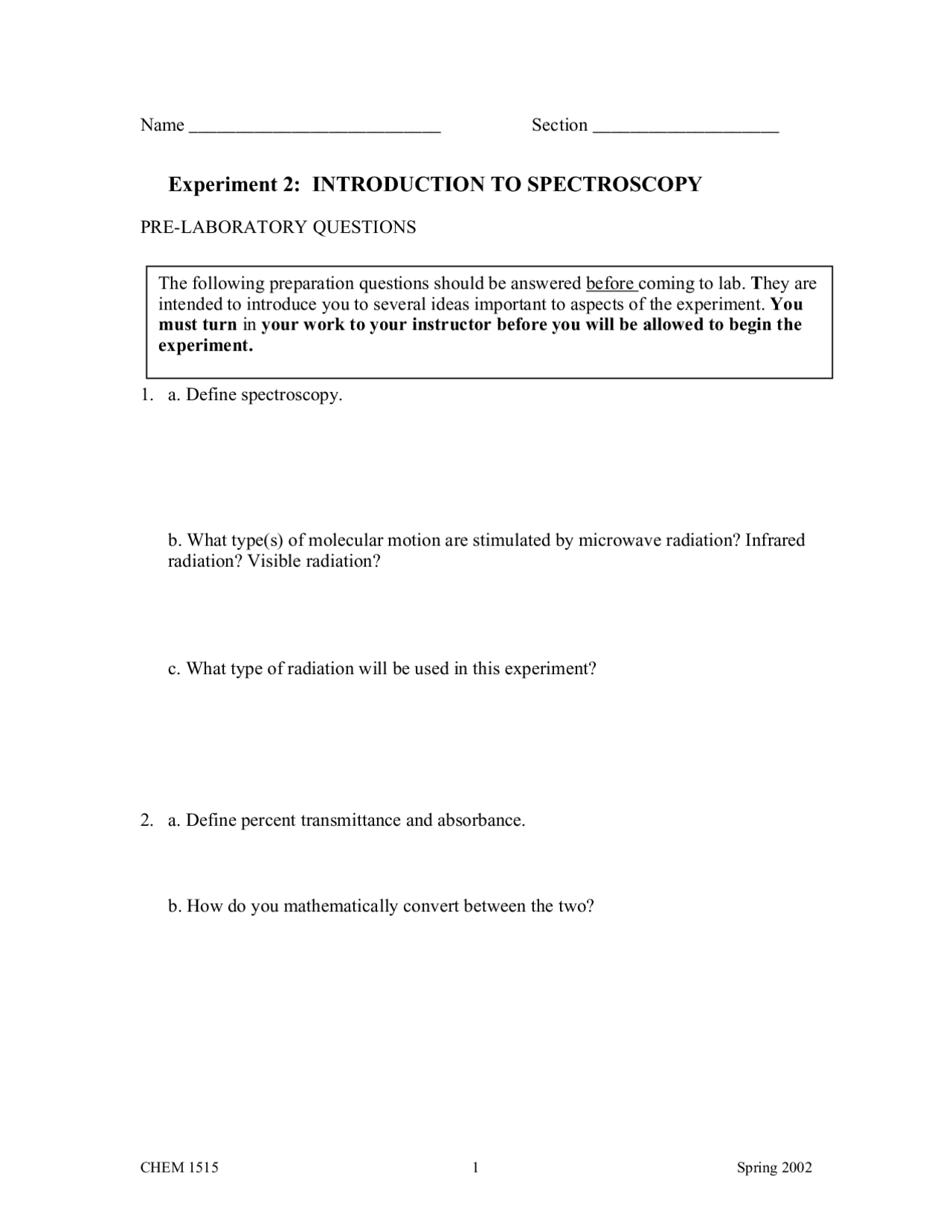 Introduction to Spectroscopy of General Chemistry - Lab 2 | CHEM 1515 ...