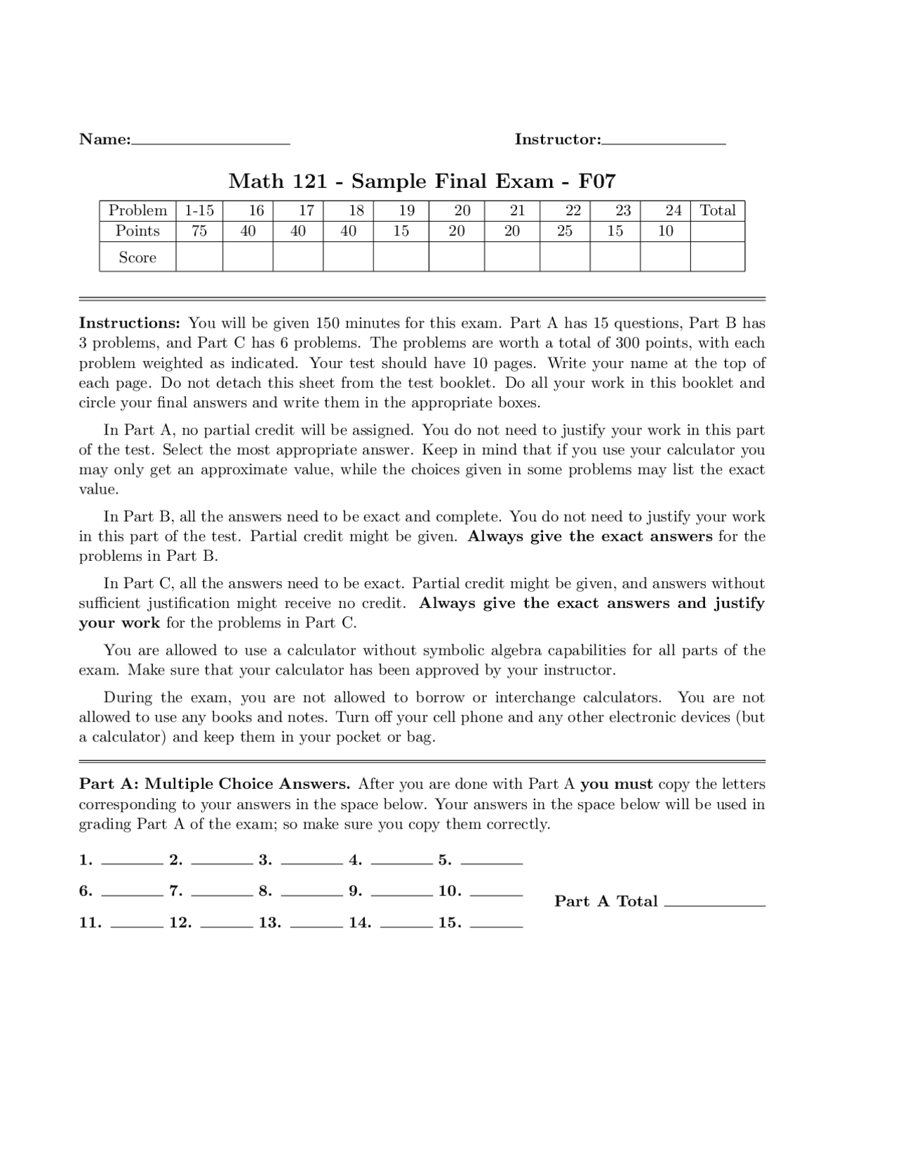 Sample Final Examination Questions - Calculus I | MATH 141 - Docsity