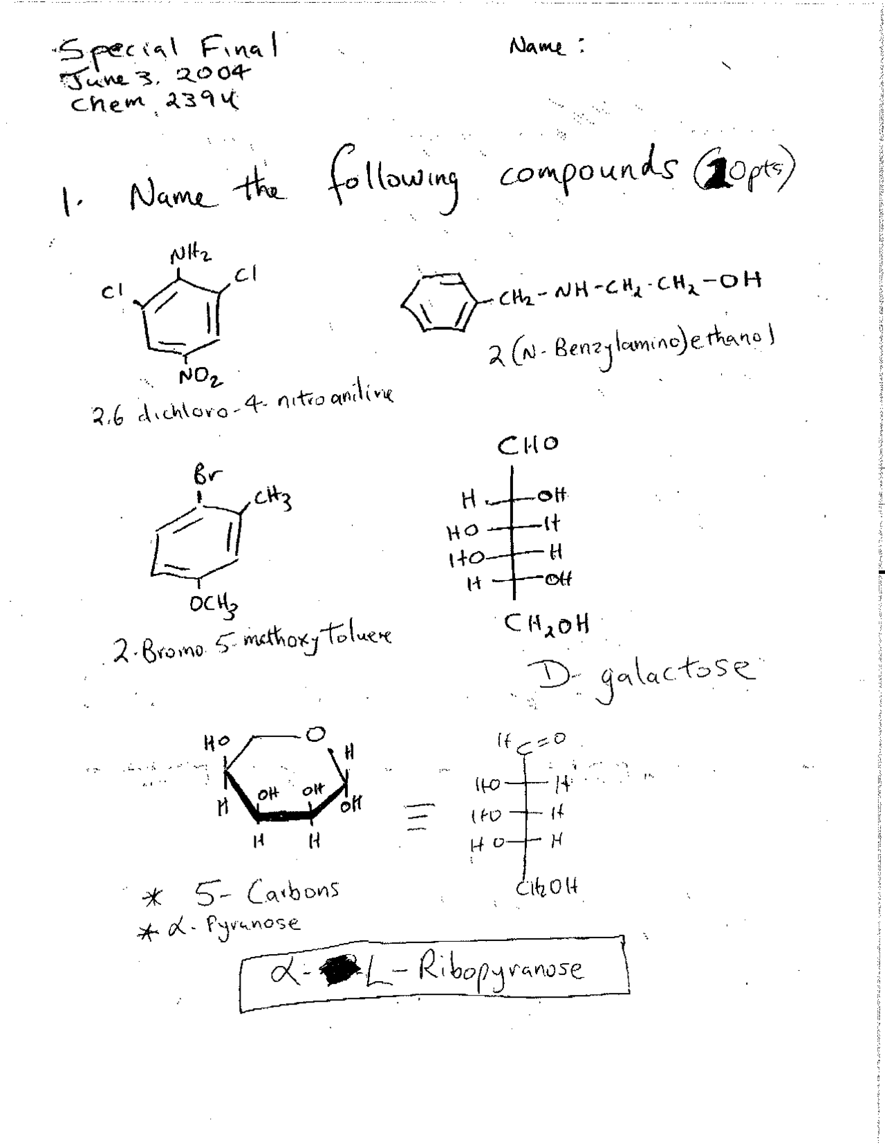 Question Solution for Final Exam - Organic Chemistry | CHEM 239 - Docsity