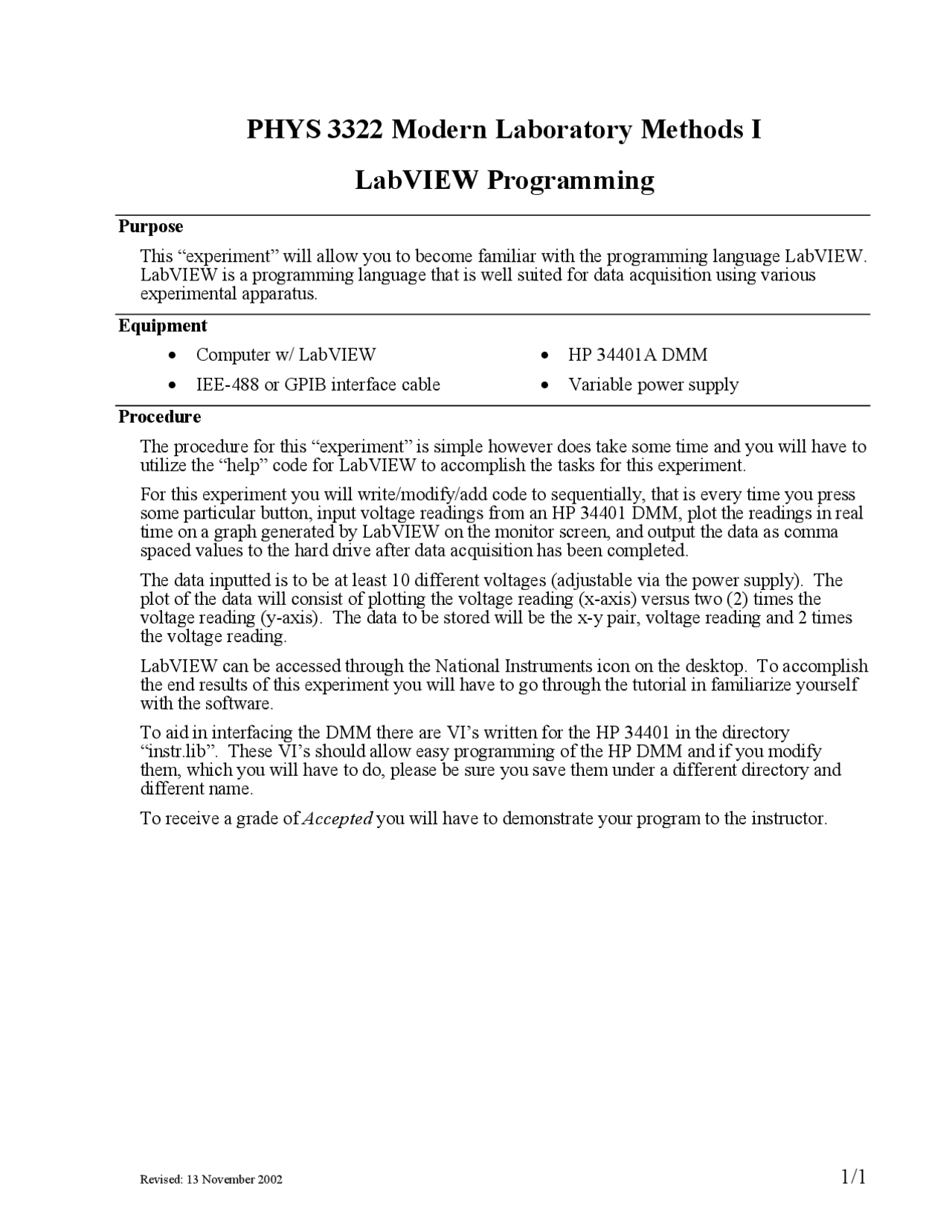 Laboratory View Programming - Modern Lab Methods I | PHYS 3322 - Docsity
