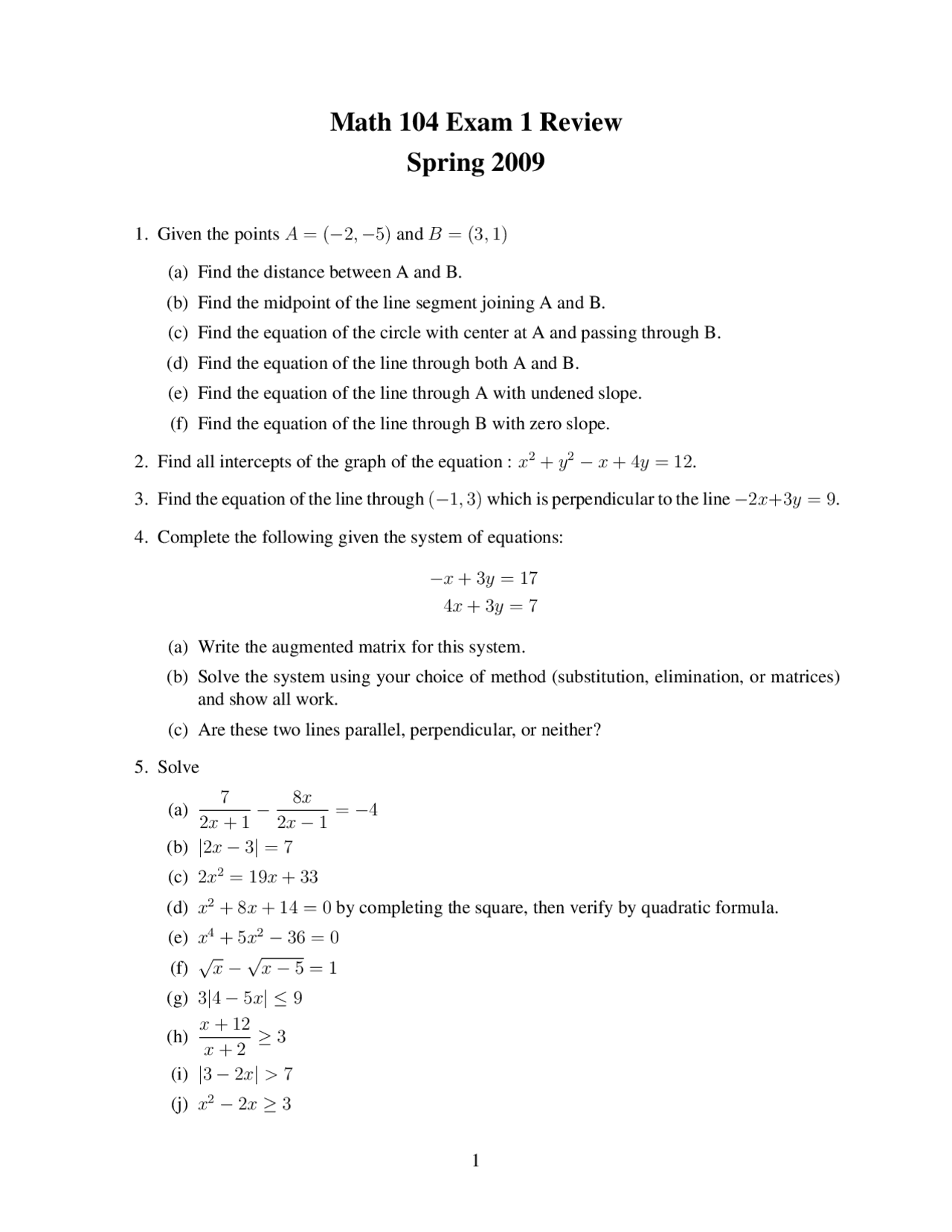 Exam 1 Study Guide - Precalculus Mathematics | MATH 104 | Study notes ...