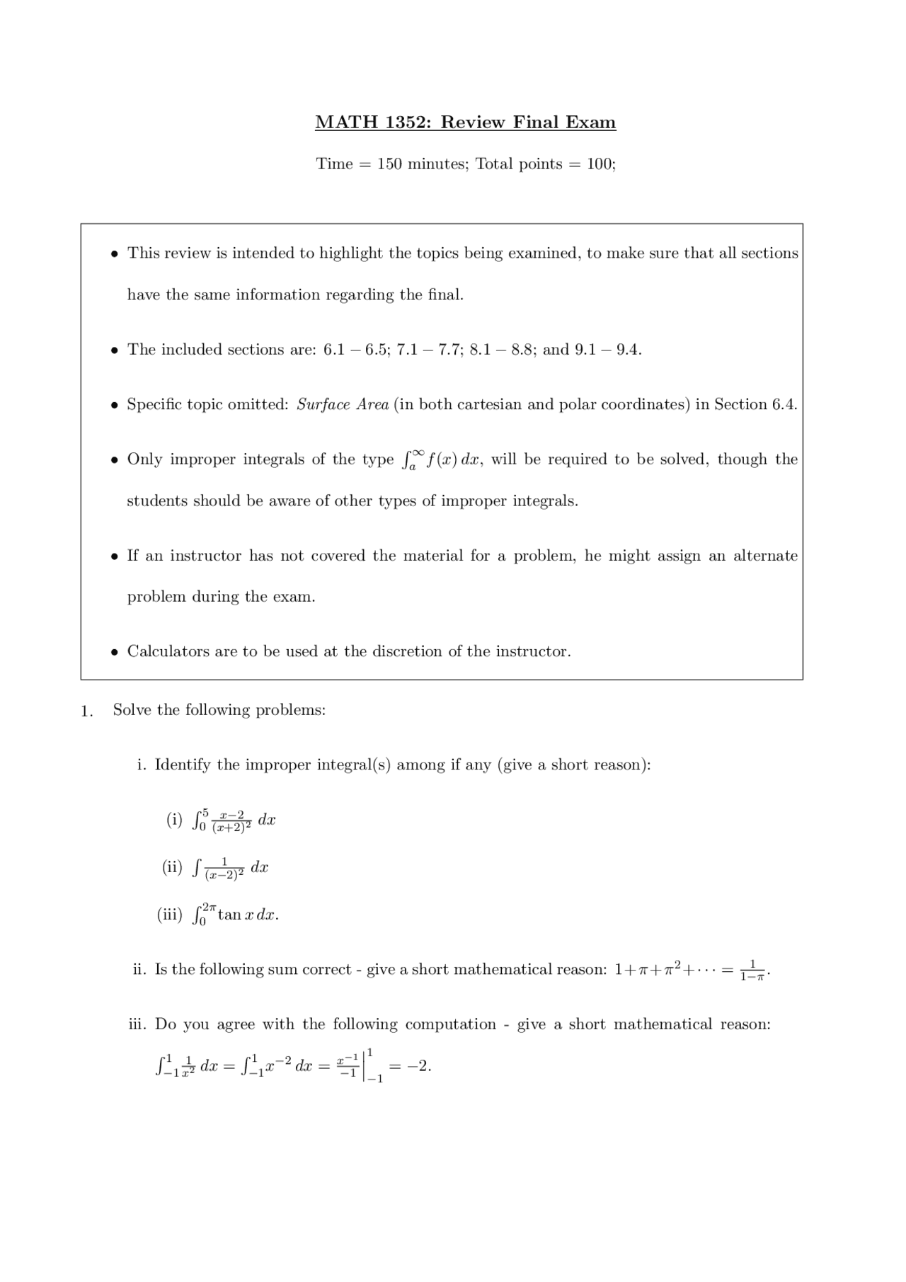Review Sheet for Final Exam - Calculus II-Honors | MATH 1352 - Docsity