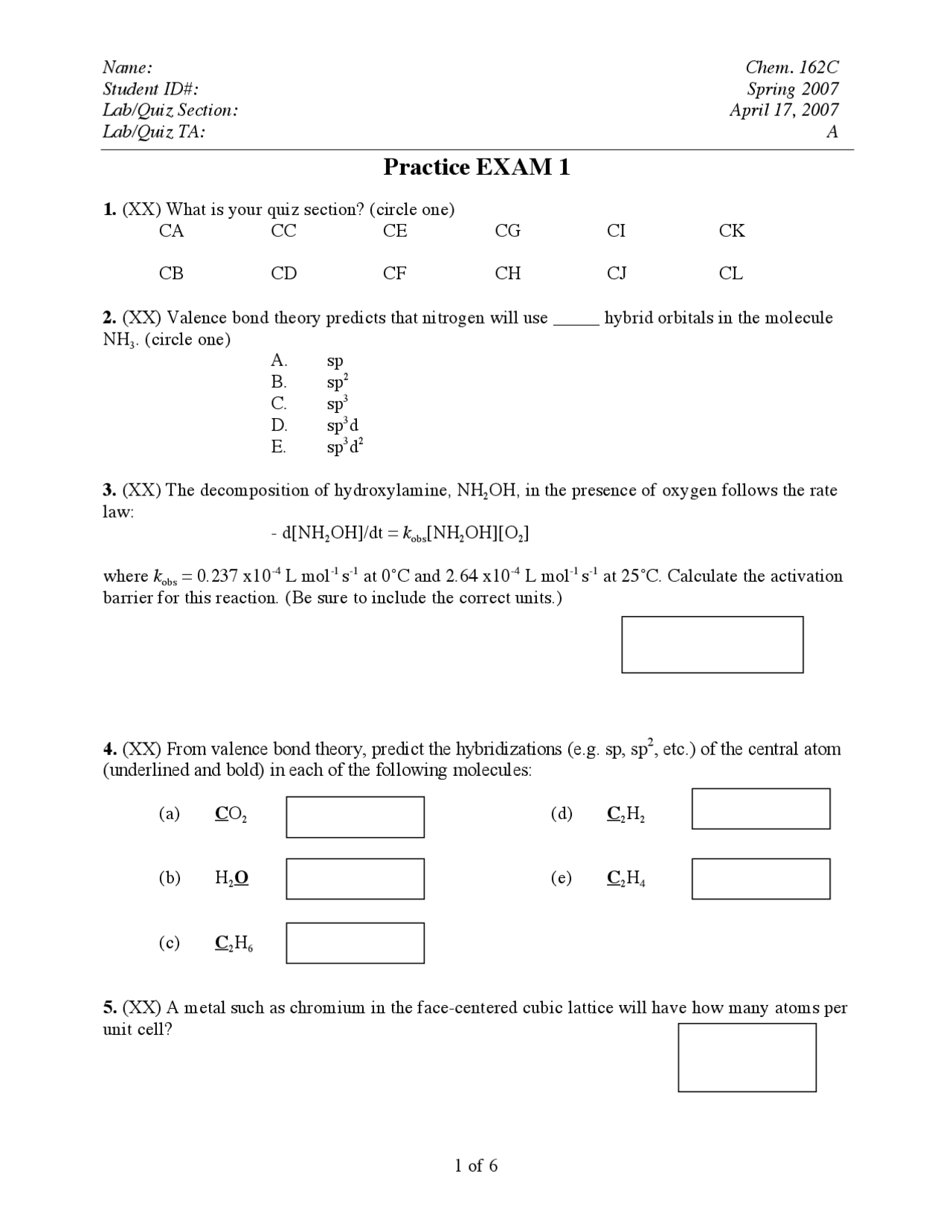 Practice Exam 1 - General Chemistry - Fall 2007 | CHEM 162 - Docsity